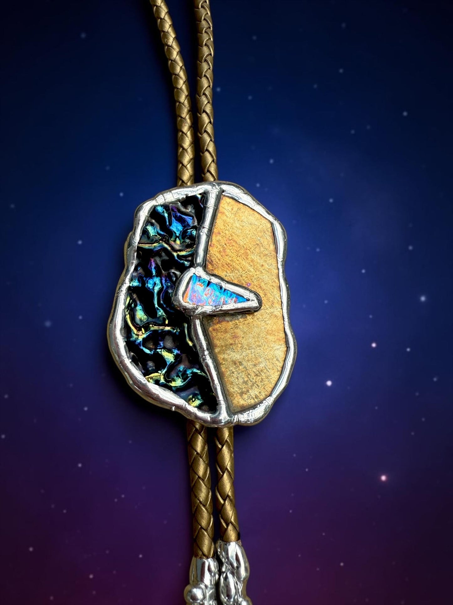 Moon Phase Whimsigoth Bolo Tie – Stained Glass Handmade Western Necklace | Whimsical Jewelry for Festival Fashion and Celestial Cowboy Vibes