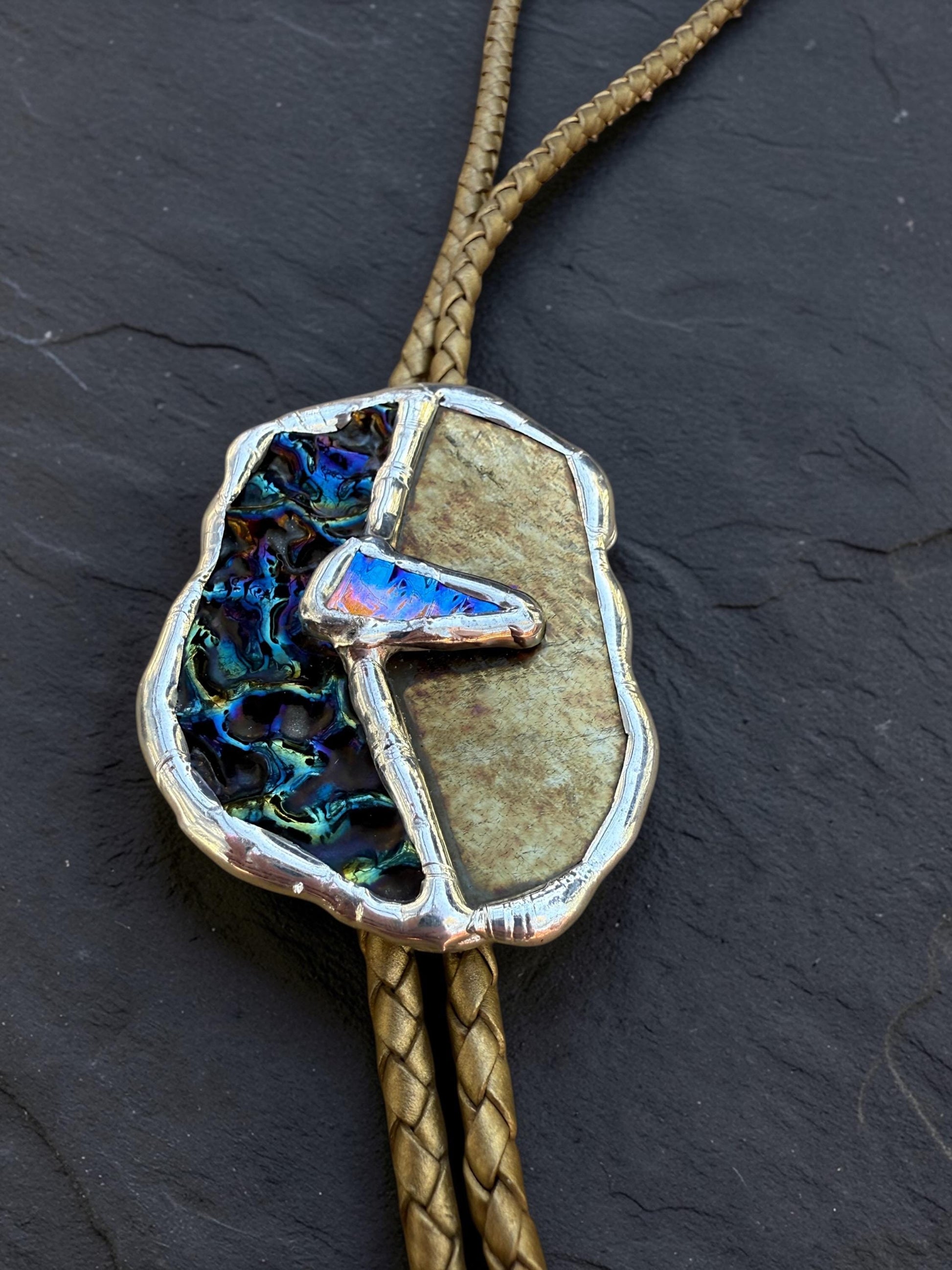 Moon Phase Whimsigoth Bolo Tie – Stained Glass Handmade Western Necklace | Whimsical Jewelry for Festival Fashion and Celestial Cowboy Vibes