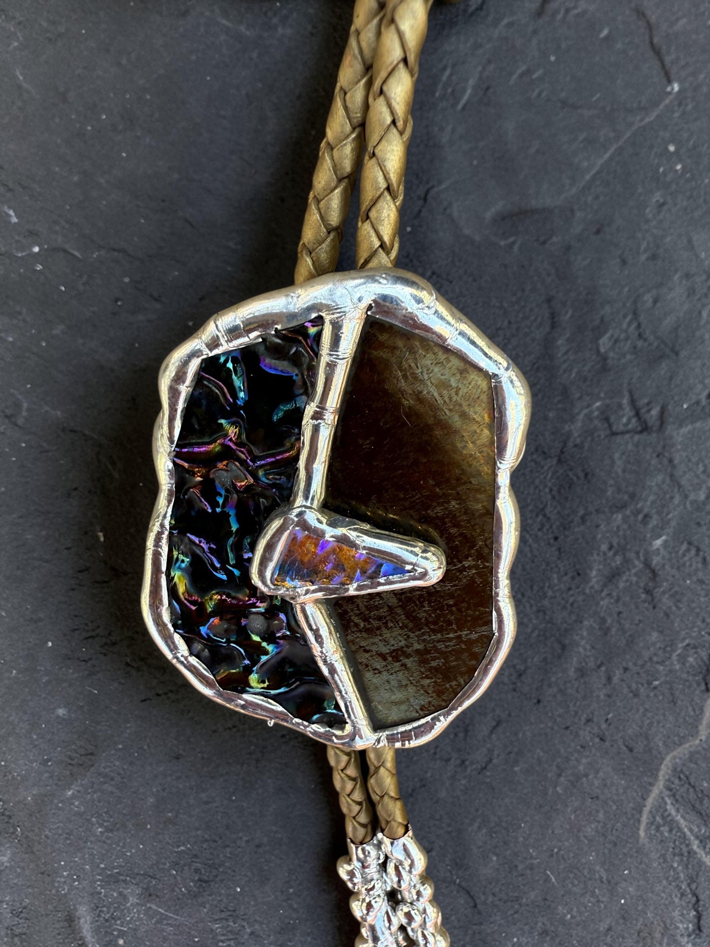 Moon Phase Whimsigoth Bolo Tie – Stained Glass Handmade Western Necklace | Whimsical Jewelry for Festival Fashion and Celestial Cowboy Vibes