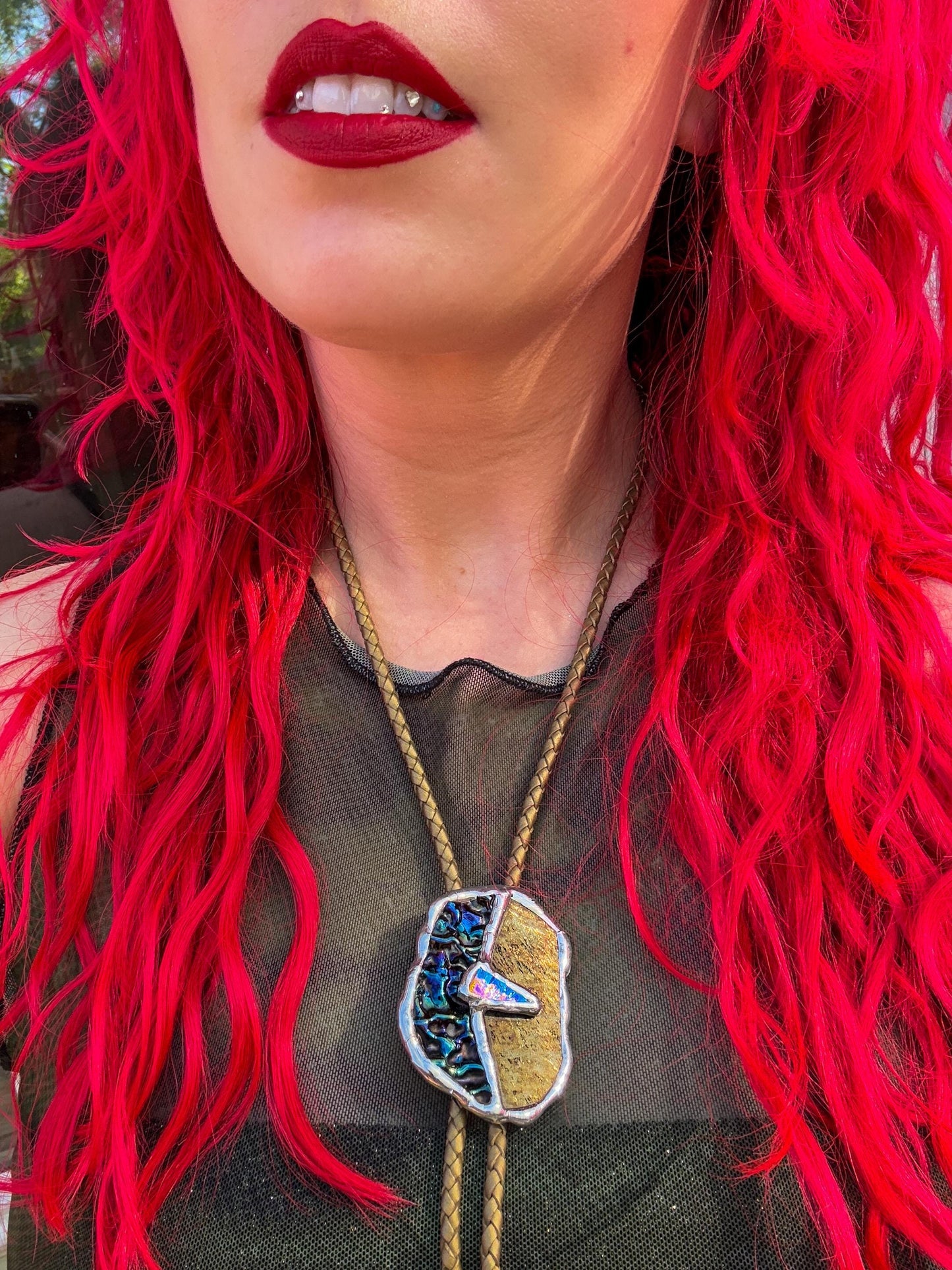 Moon Phase Whimsigoth Bolo Tie – Stained Glass Handmade Western Necklace | Whimsical Jewelry for Festival Fashion and Celestial Cowboy Vibes