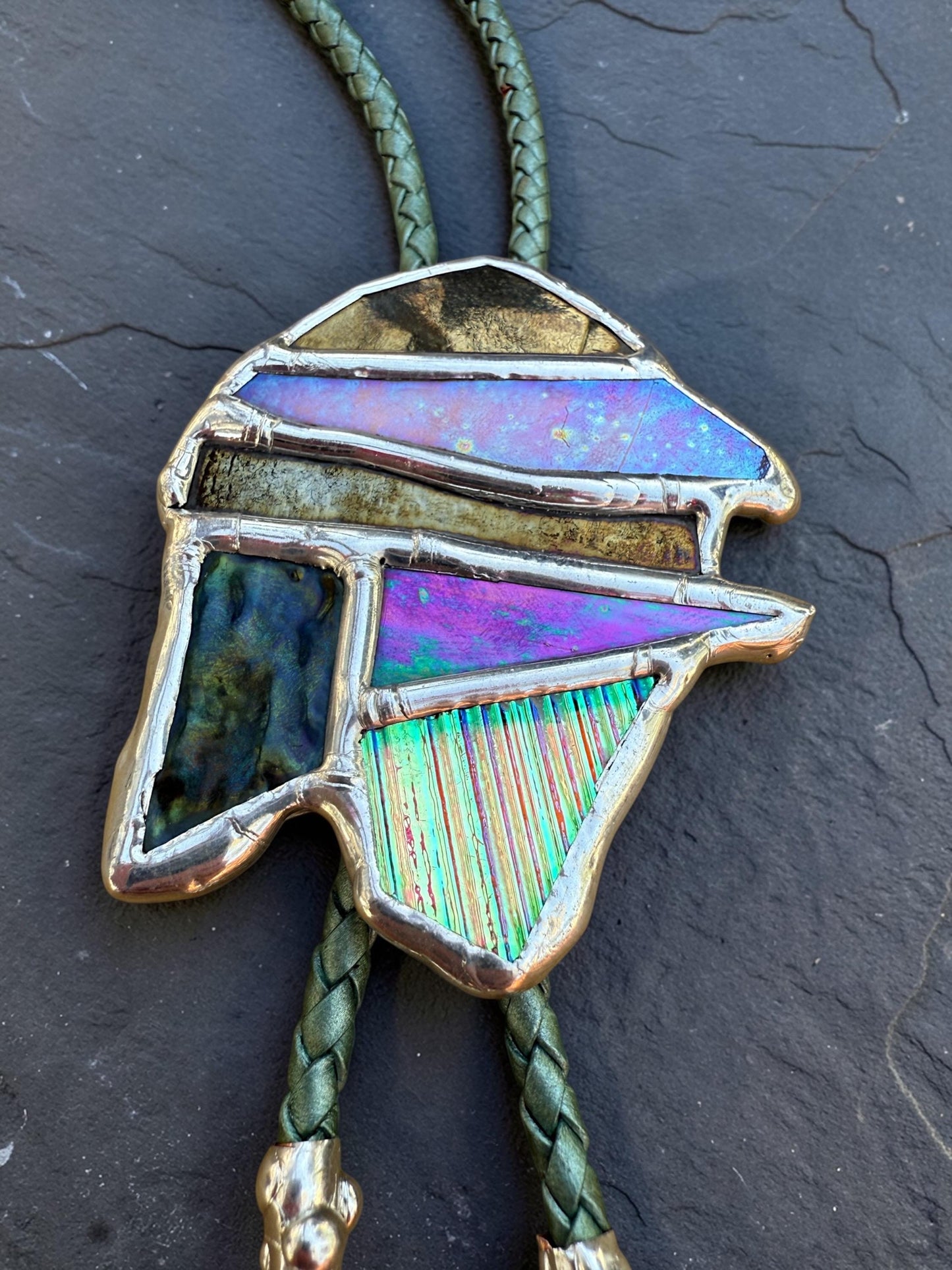 Whimsigoth Stained Glass Bolo Tie – Iridescent Handmade Western Necklace | Whimsical Jewelry for Festival Fashion and Celestial Cowboy Vibes