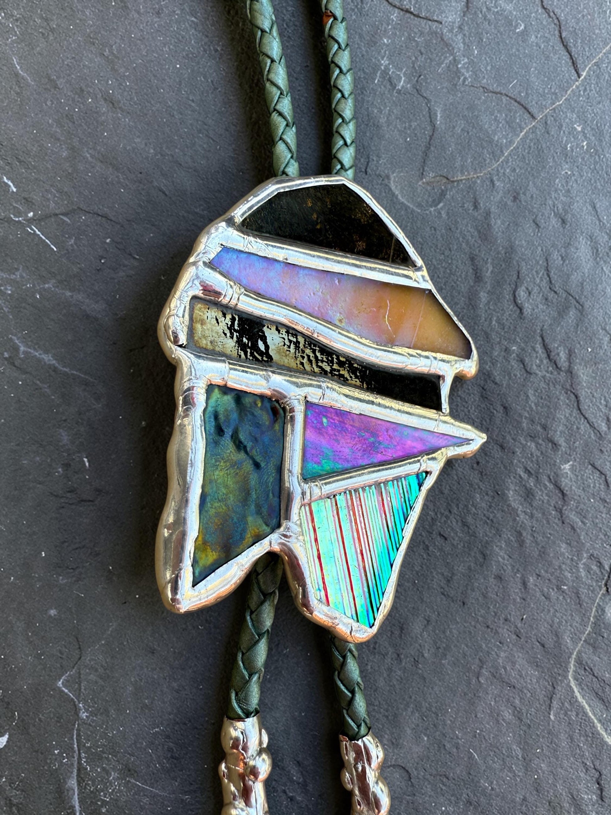 Whimsigoth Stained Glass Bolo Tie – Iridescent Handmade Western Necklace | Whimsical Jewelry for Festival Fashion and Celestial Cowboy Vibes
