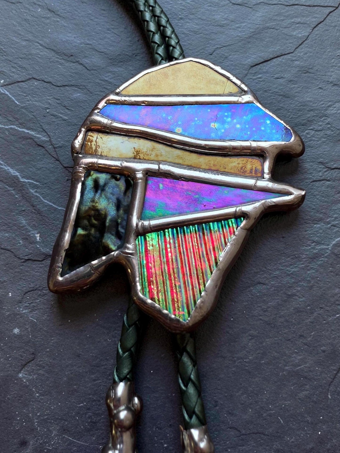Whimsigoth Stained Glass Bolo Tie – Iridescent Handmade Western Necklace | Whimsical Jewelry for Festival Fashion and Celestial Cowboy Vibes