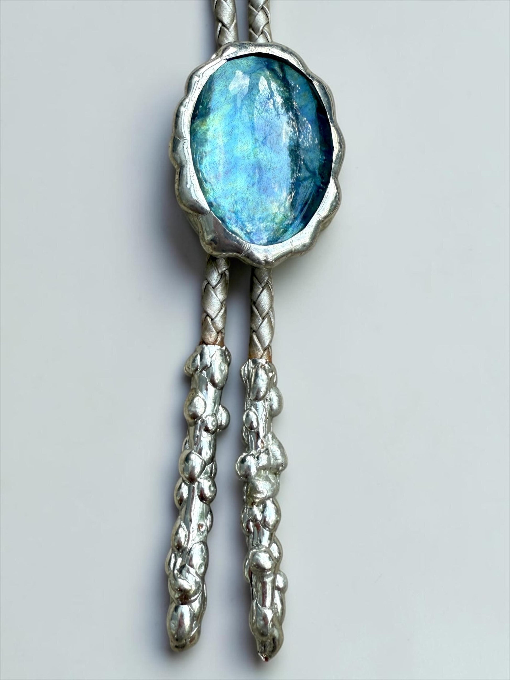 Whimsigoth Blue Stained Glass Bolo Tie – Handmade Western Statement Necklace | Whimsical Jewelry for Festival Fashion, Celestial Fairy Vibes