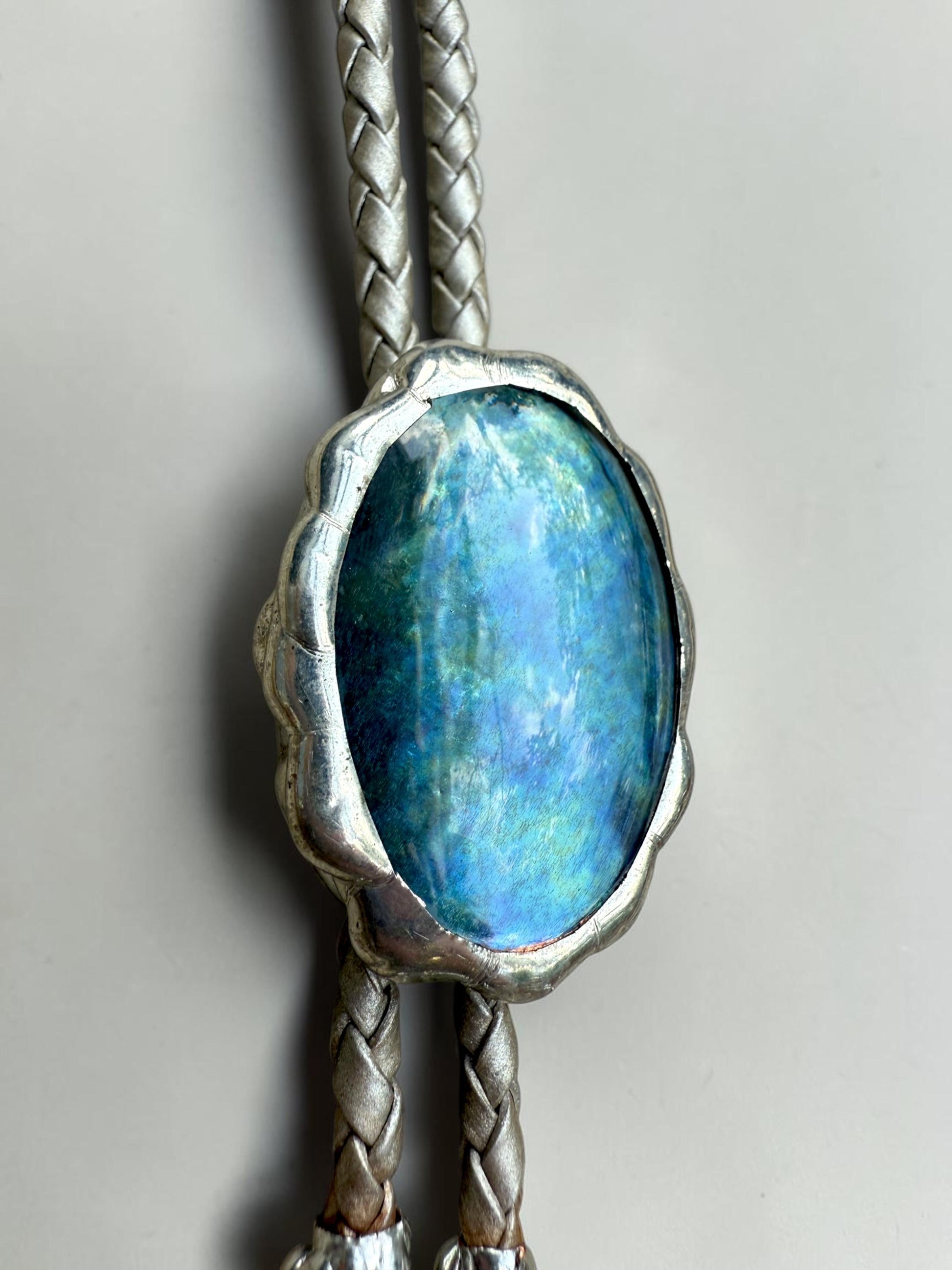 Whimsigoth Blue Stained Glass Bolo Tie – Handmade Western Statement Necklace | Whimsical Jewelry for Festival Fashion, Celestial Fairy Vibes