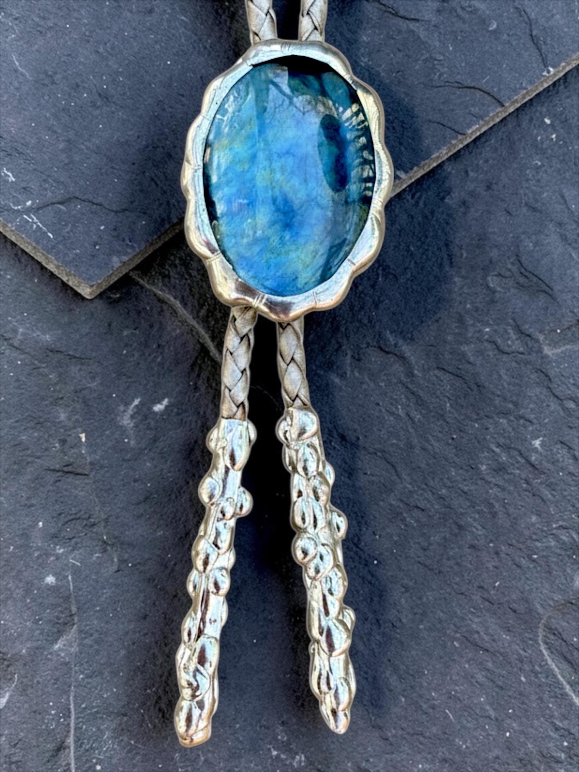 Whimsigoth Blue Stained Glass Bolo Tie – Handmade Western Statement Necklace | Whimsical Jewelry for Festival Fashion, Celestial Fairy Vibes