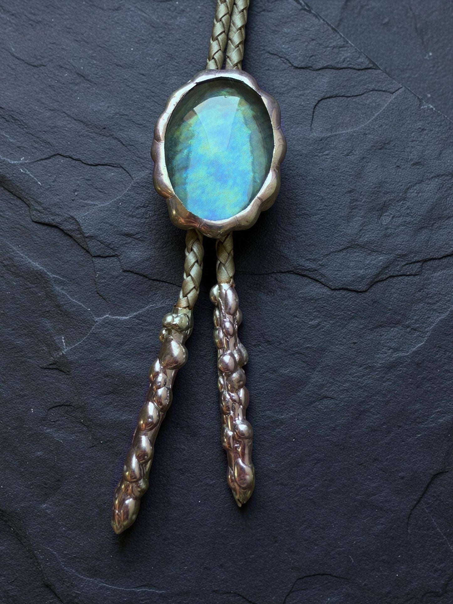 Whimsigoth Blue Stained Glass Bolo Tie – Handmade Western Statement Necklace | Whimsical Jewelry for Festival Fashion, Celestial Fairy Vibes