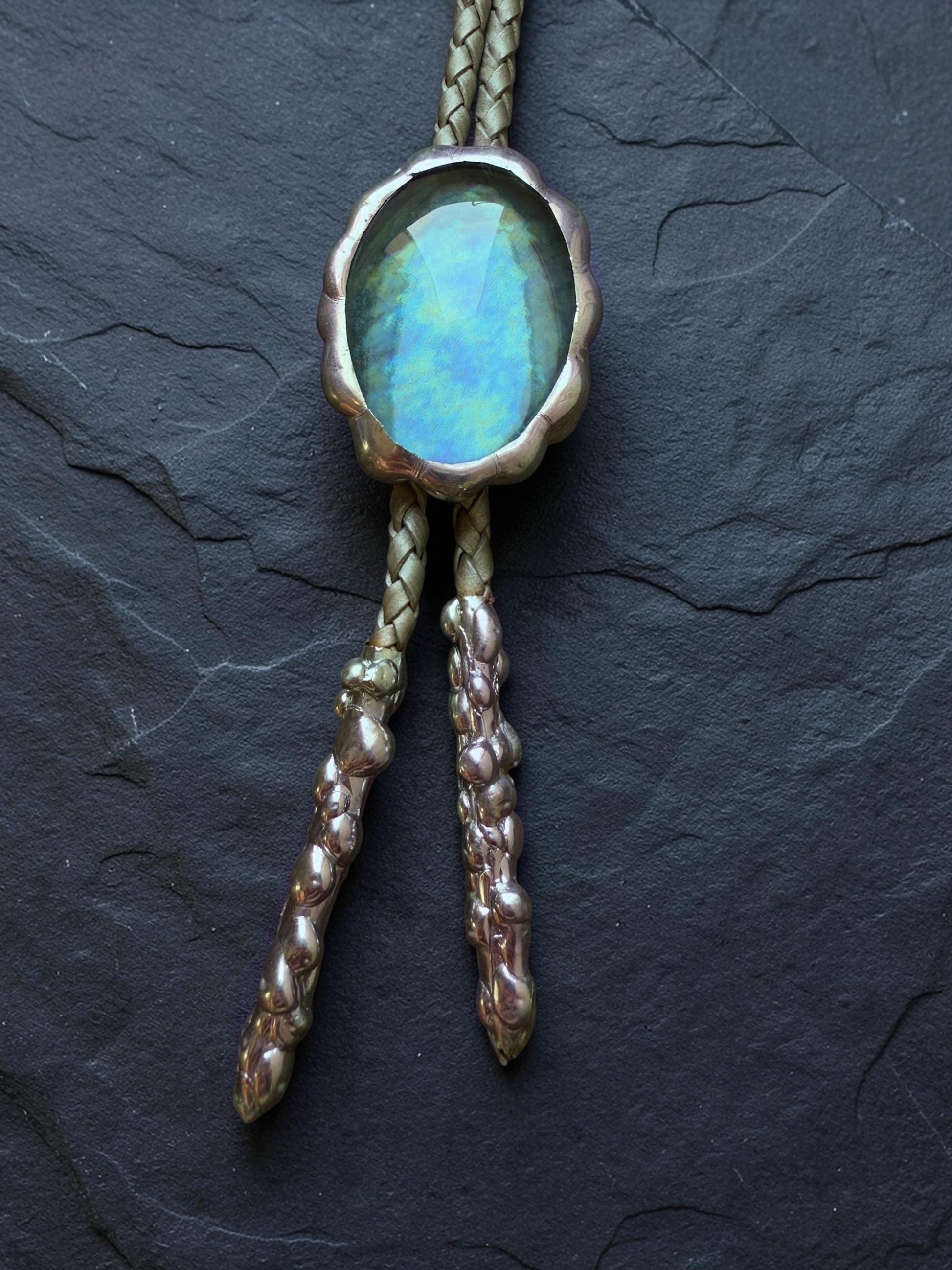 Whimsigoth Blue Stained Glass Bolo Tie – Handmade Western Statement Necklace | Whimsical Jewelry for Festival Fashion, Celestial Fairy Vibes