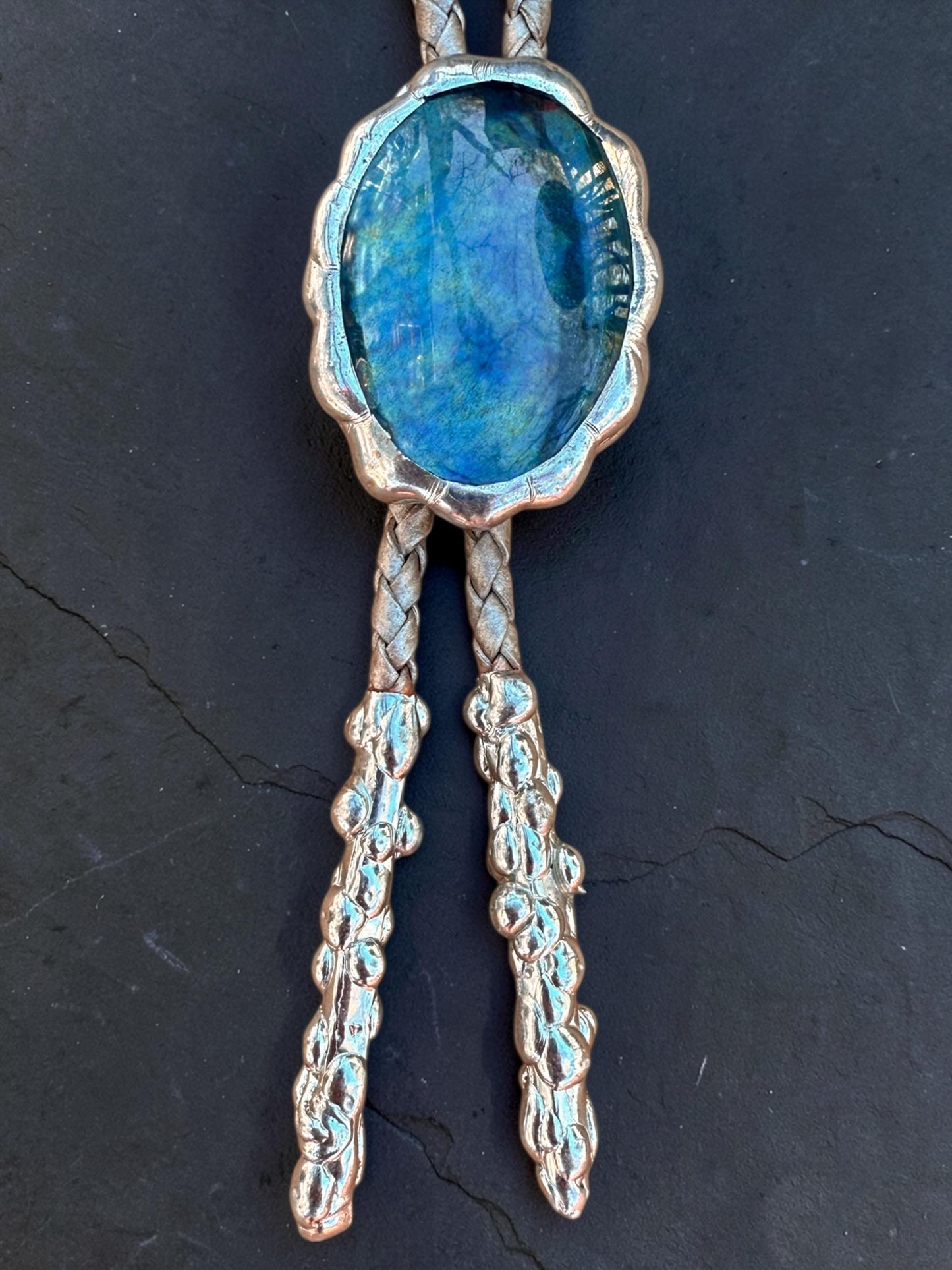 Whimsigoth Blue Stained Glass Bolo Tie – Handmade Western Statement Necklace | Whimsical Jewelry for Festival Fashion, Celestial Fairy Vibes