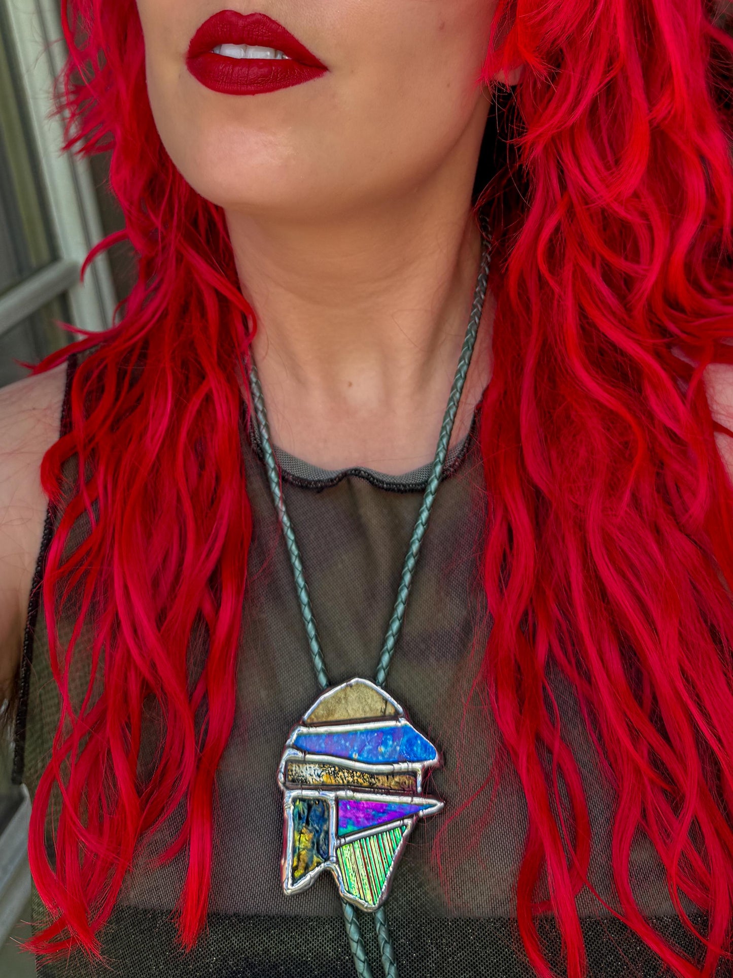 Whimsigoth Stained Glass Bolo Tie – Iridescent Handmade Western Necklace | Whimsical Jewelry for Festival Fashion and Celestial Cowboy Vibes