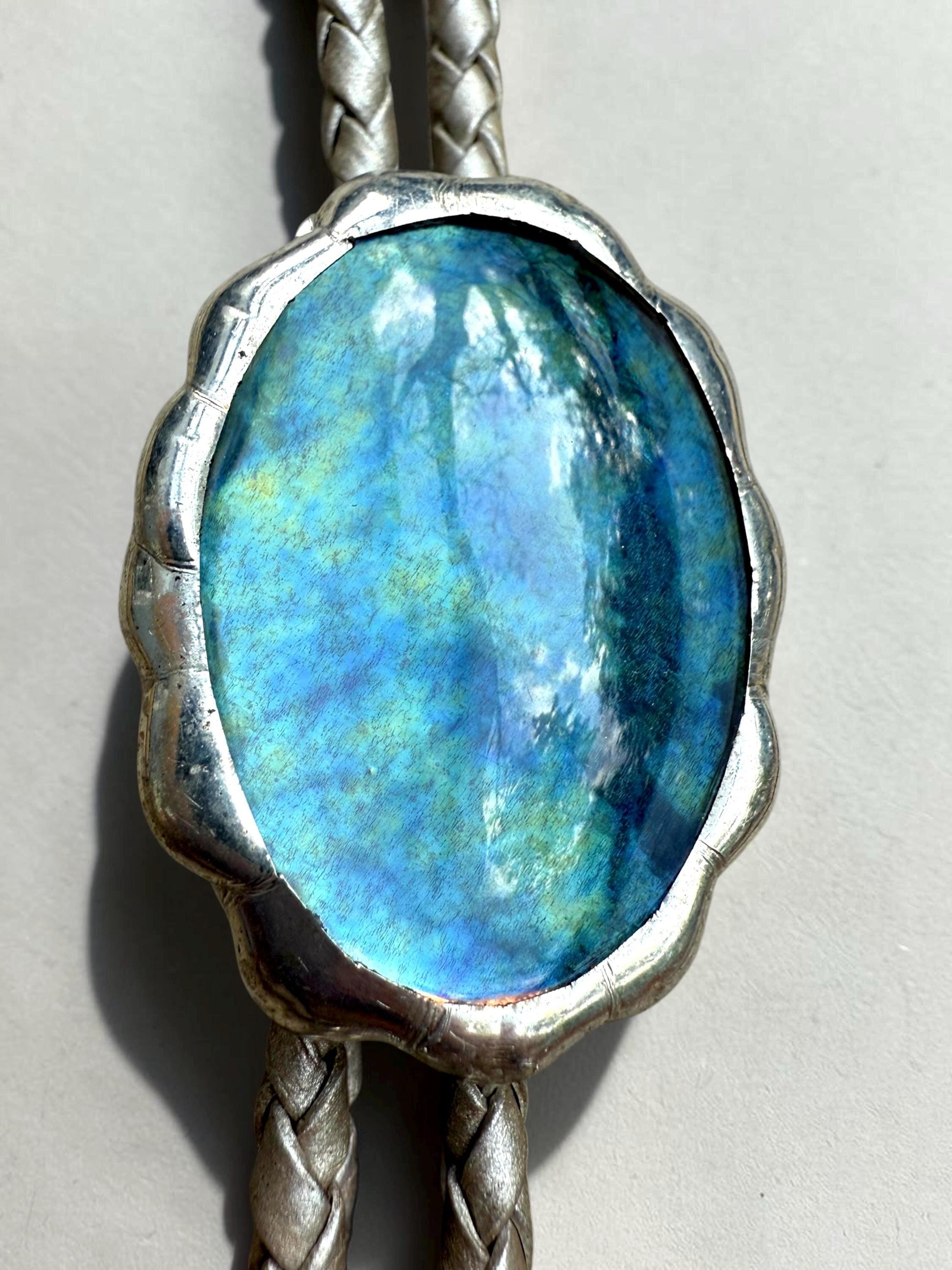 Whimsigoth Blue Stained Glass Bolo Tie – Handmade Western Statement Necklace | Whimsical Jewelry for Festival Fashion, Celestial Fairy Vibes