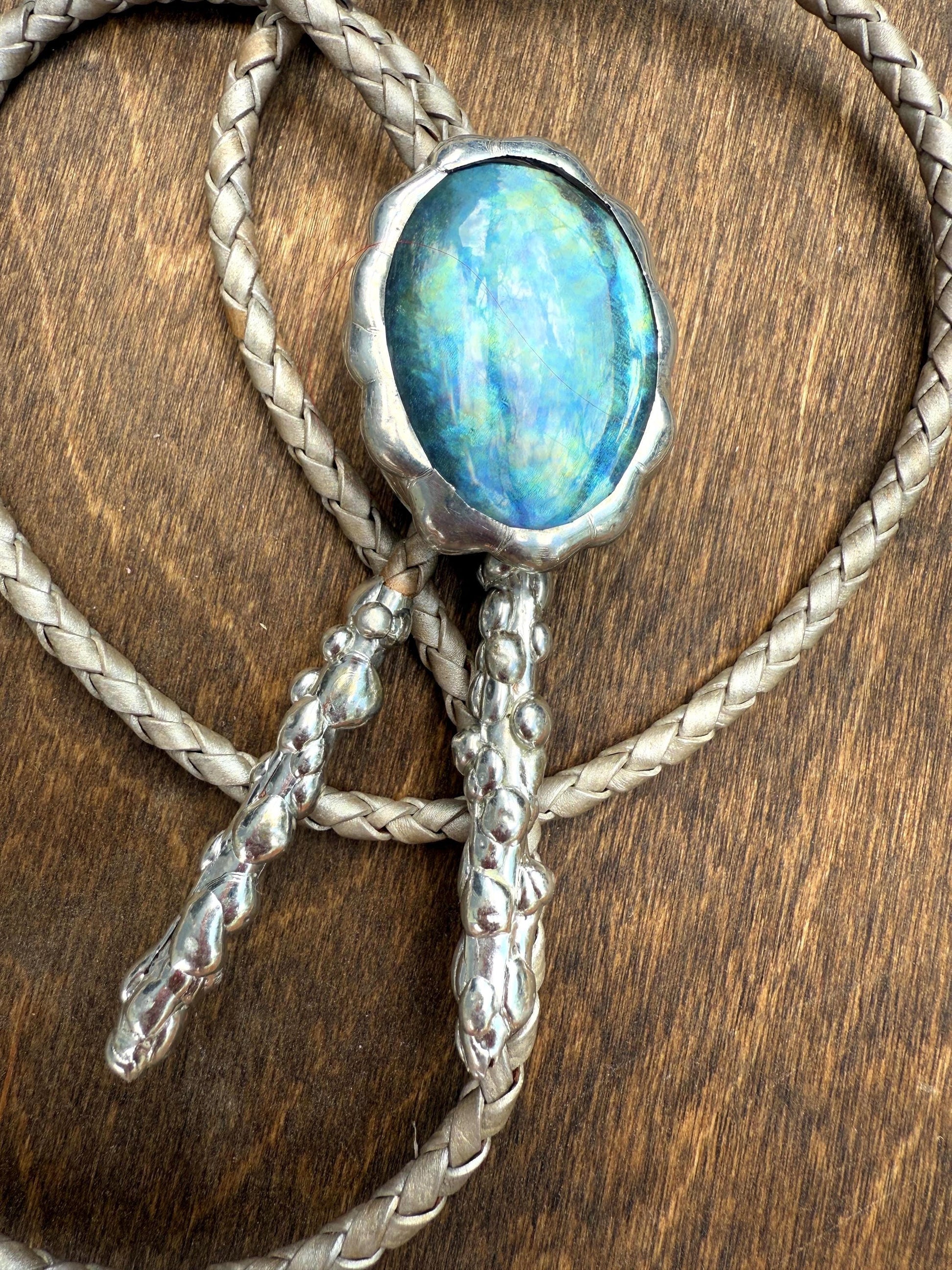 Whimsigoth Blue Stained Glass Bolo Tie – Handmade Western Statement Necklace | Whimsical Jewelry for Festival Fashion, Celestial Fairy Vibes