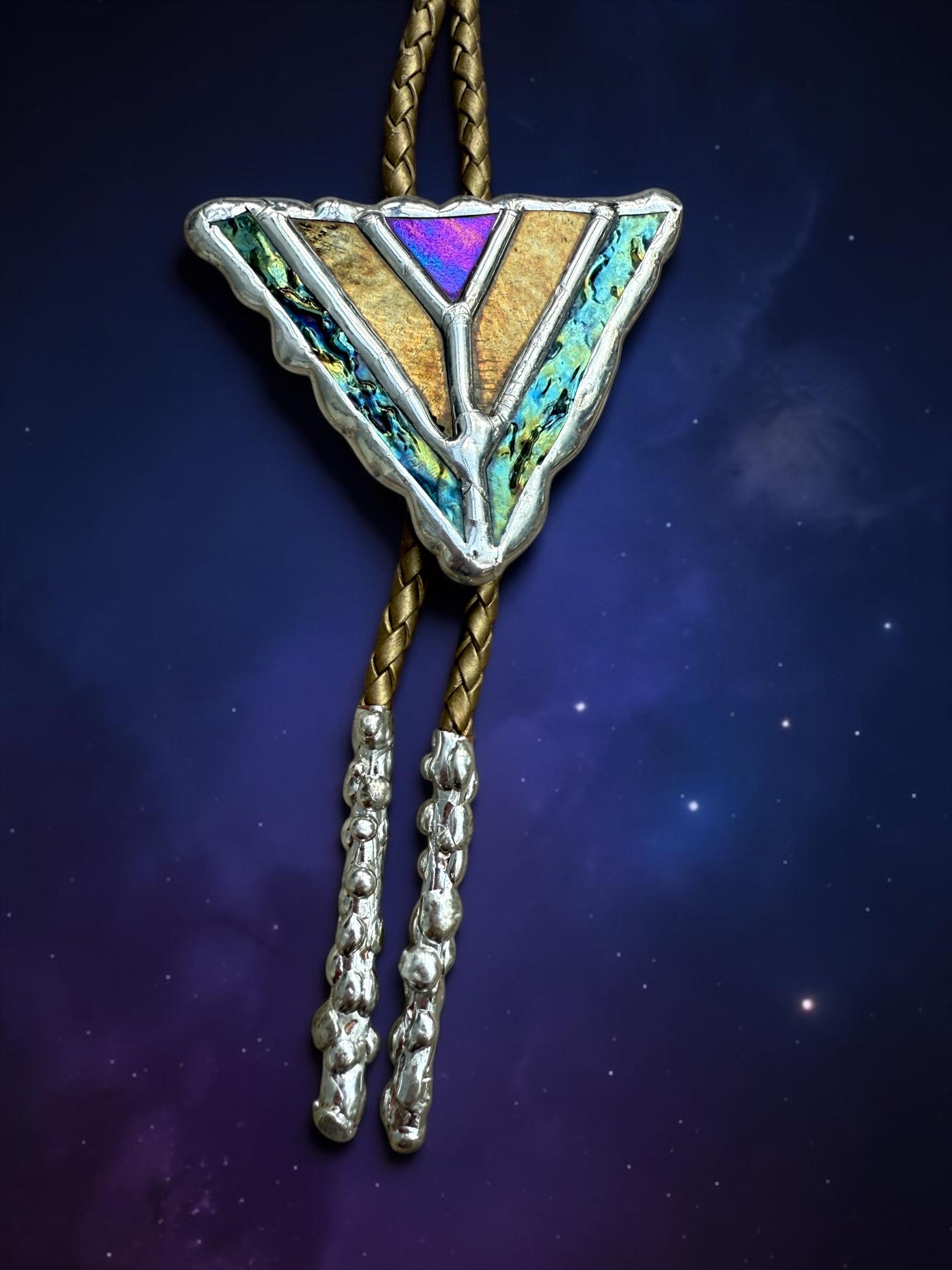 Art Deco Stained Glass Bolo Tie – Whimsigoth Handmade Western Statement Necklace – Whimsical Jewelry for Festival Fashion + Celestial Vibes