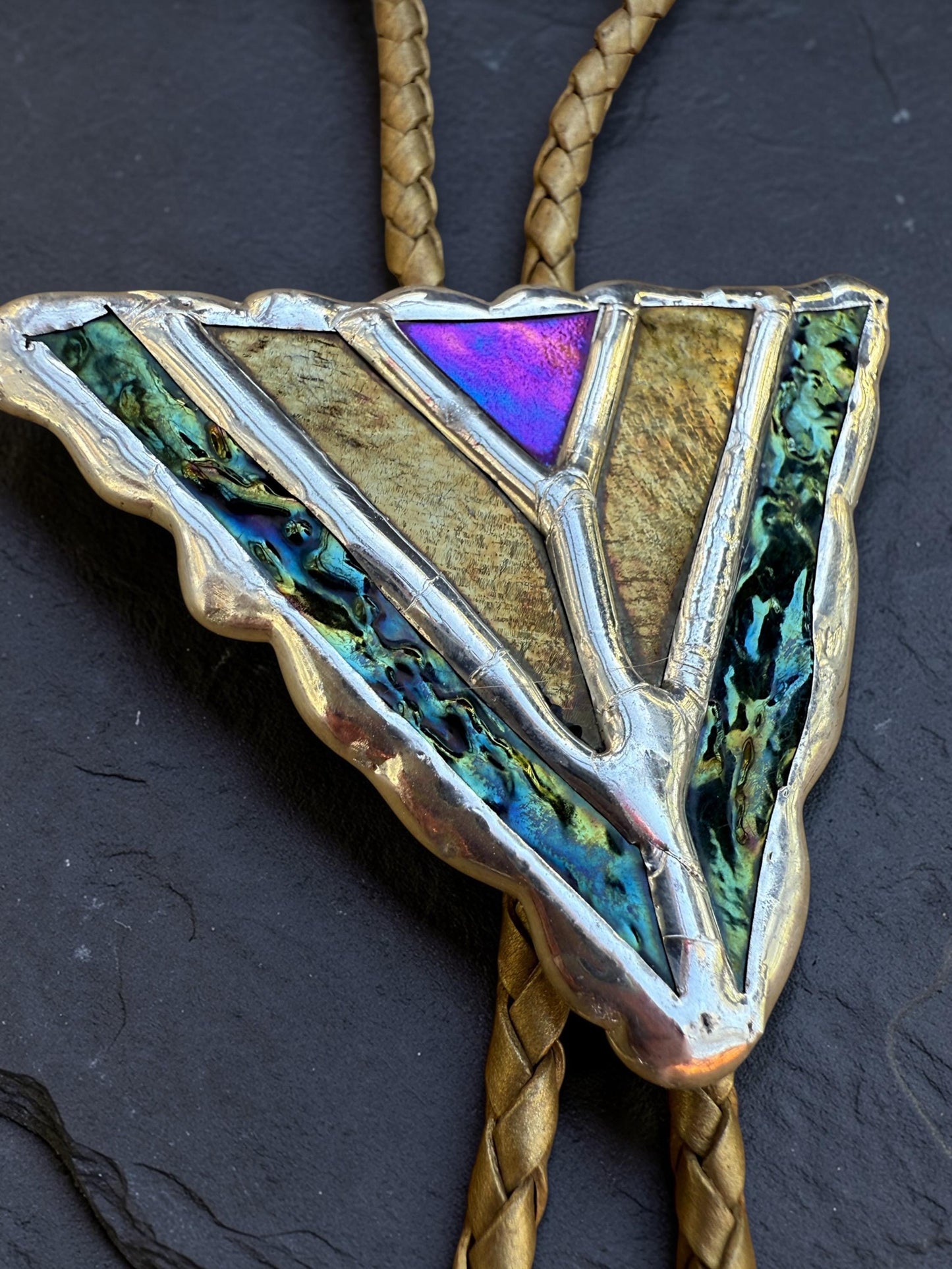 Art Deco Stained Glass Bolo Tie – Whimsigoth Handmade Western Statement Necklace – Whimsical Jewelry for Festival Fashion + Celestial Vibes