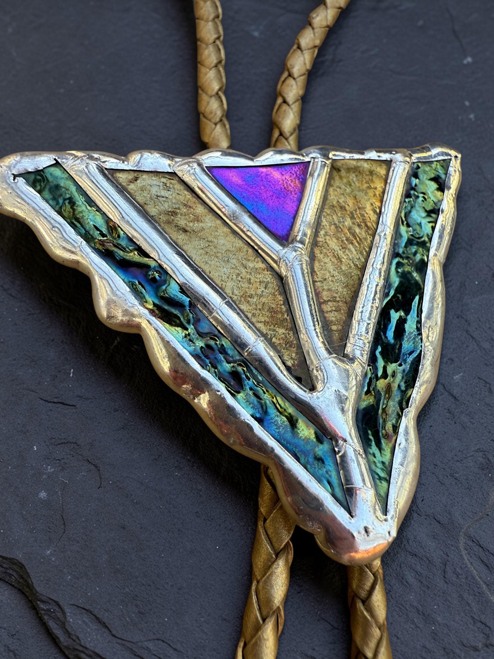 Art Deco Stained Glass Bolo Tie – Whimsigoth Handmade Western Statement Necklace – Whimsical Jewelry for Festival Fashion + Celestial Vibes
