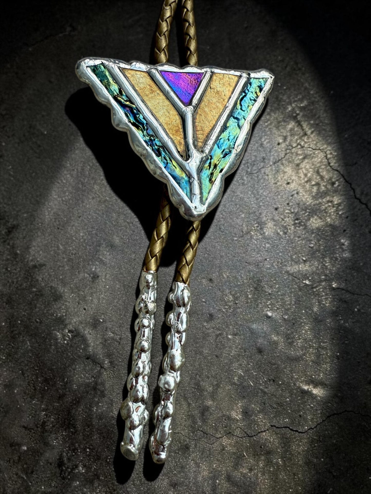 Art Deco Stained Glass Bolo Tie – Whimsigoth Handmade Western Statement Necklace – Whimsical Jewelry for Festival Fashion + Celestial Vibes