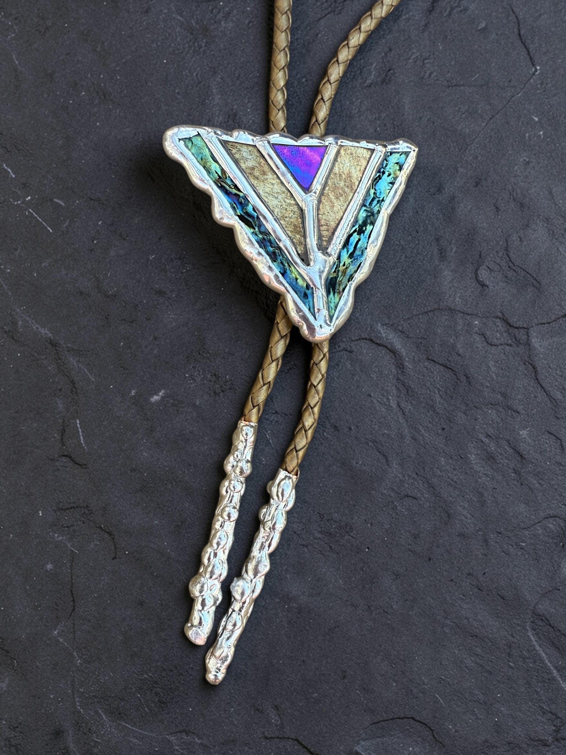 Art Deco Stained Glass Bolo Tie – Whimsigoth Handmade Western Statement Necklace – Whimsical Jewelry for Festival Fashion + Celestial Vibes