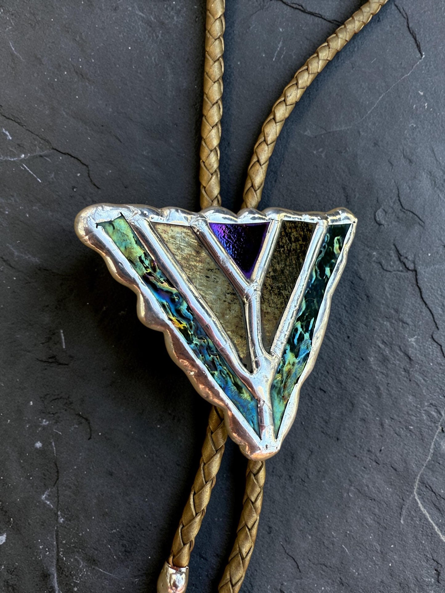 Art Deco Stained Glass Bolo Tie – Whimsigoth Handmade Western Statement Necklace – Whimsical Jewelry for Festival Fashion + Celestial Vibes
