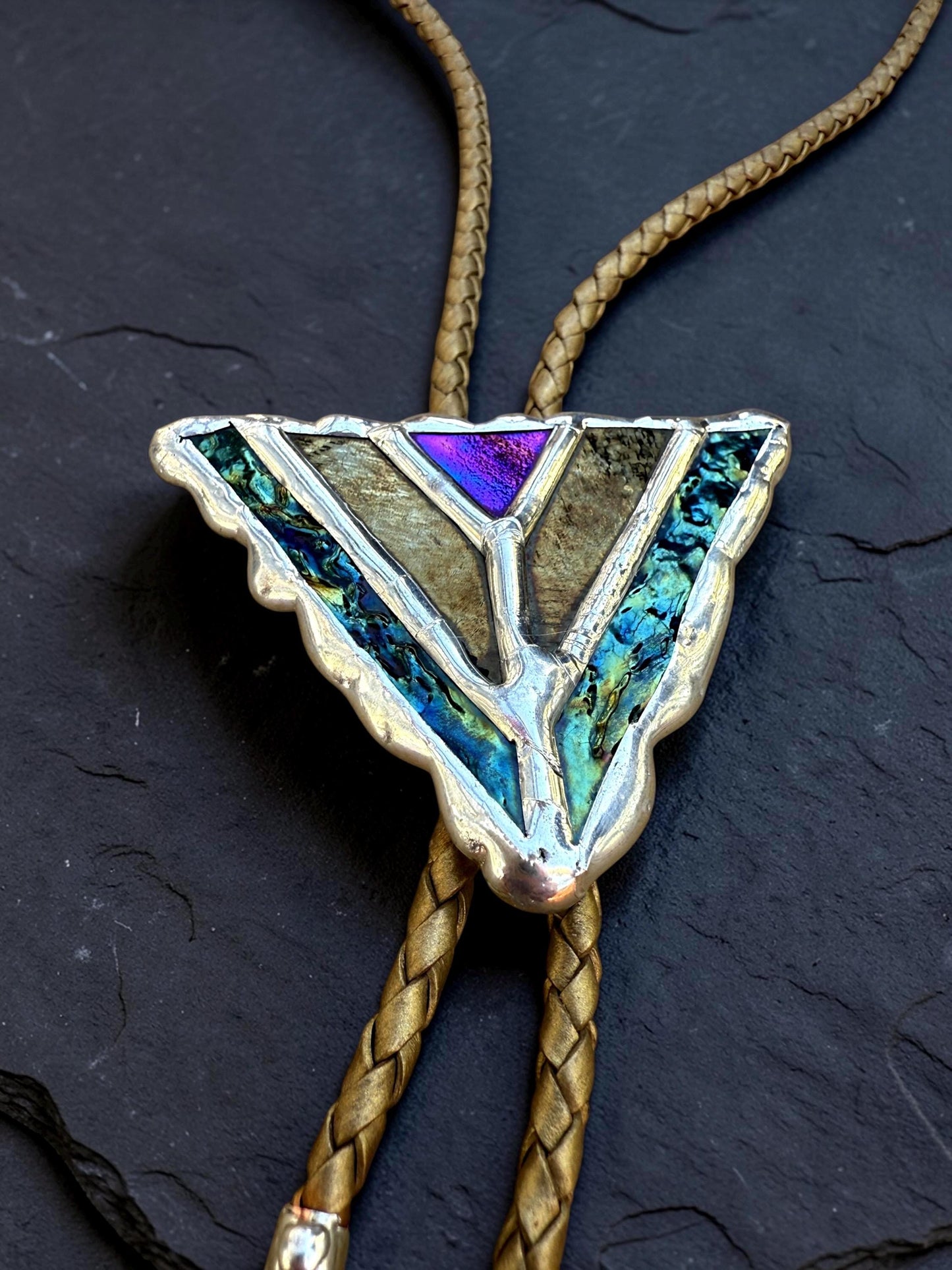 Art Deco Stained Glass Bolo Tie – Whimsigoth Handmade Western Statement Necklace – Whimsical Jewelry for Festival Fashion + Celestial Vibes