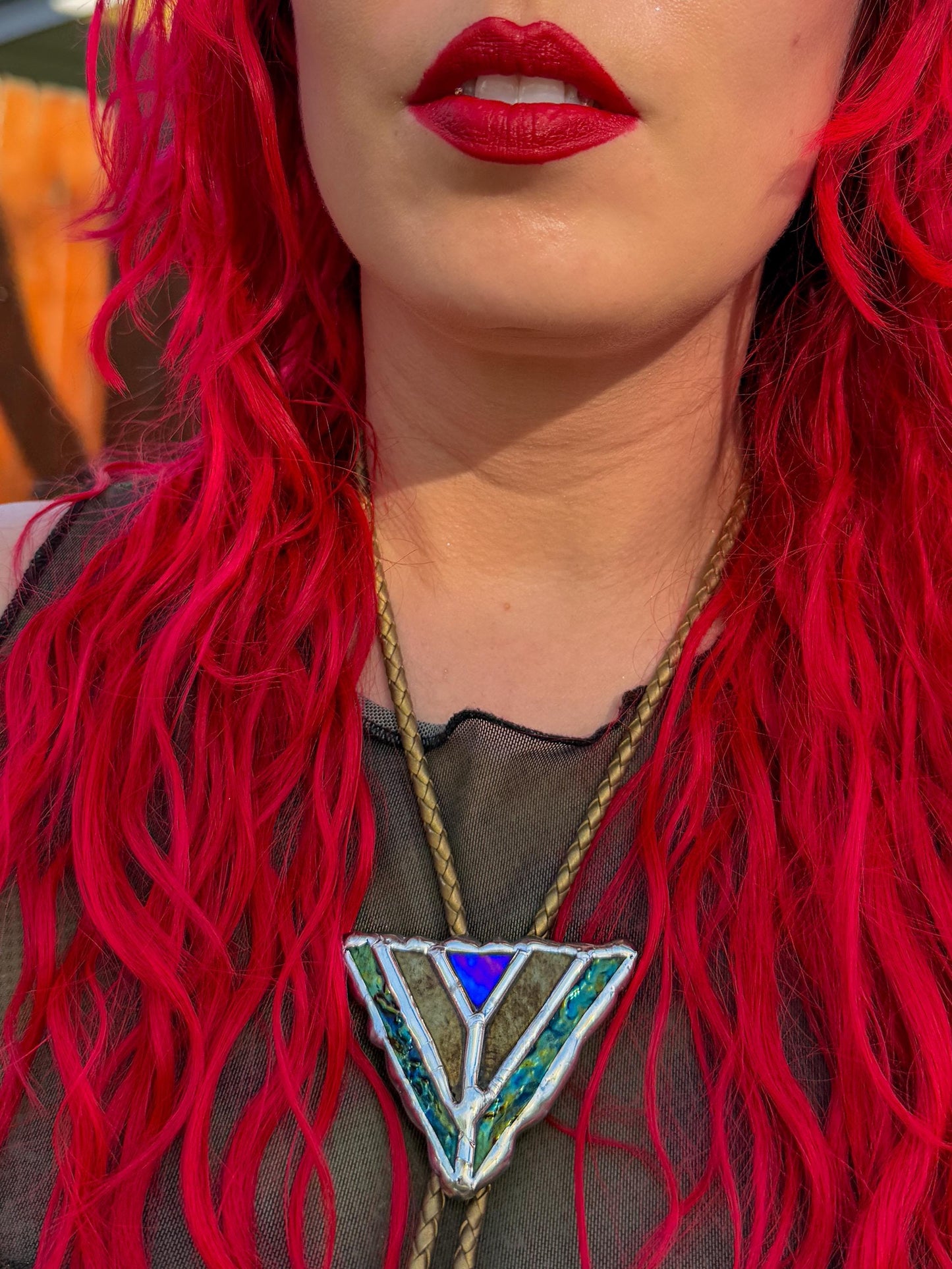 Art Deco Stained Glass Bolo Tie – Whimsigoth Handmade Western Statement Necklace – Whimsical Jewelry for Festival Fashion + Celestial Vibes