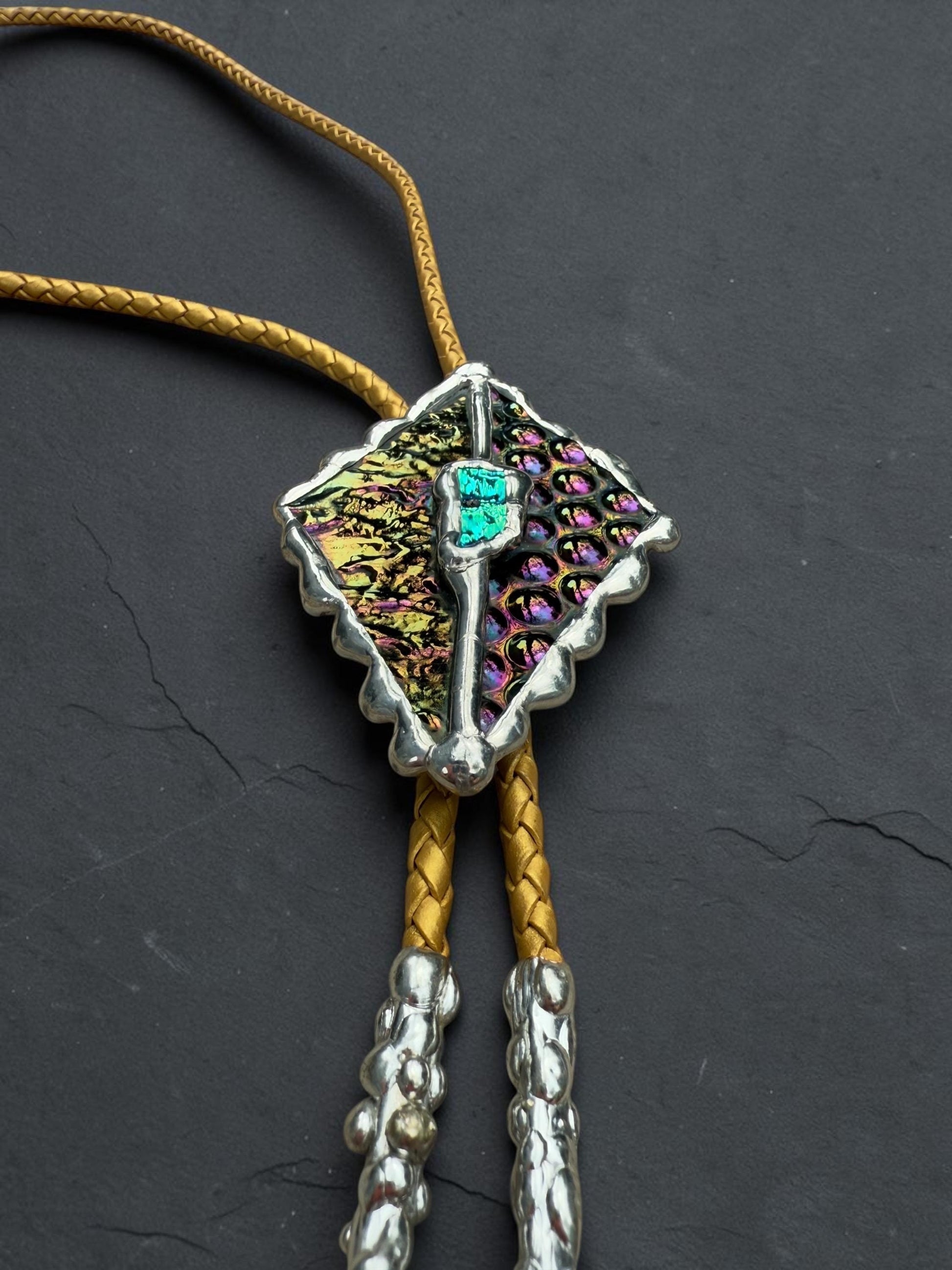 Whimsigoth Stained Glass Bolo Tie – Holographic Handmade Western Statement Necklace – Whimsical Jewelry for Celestial Festival Fashion