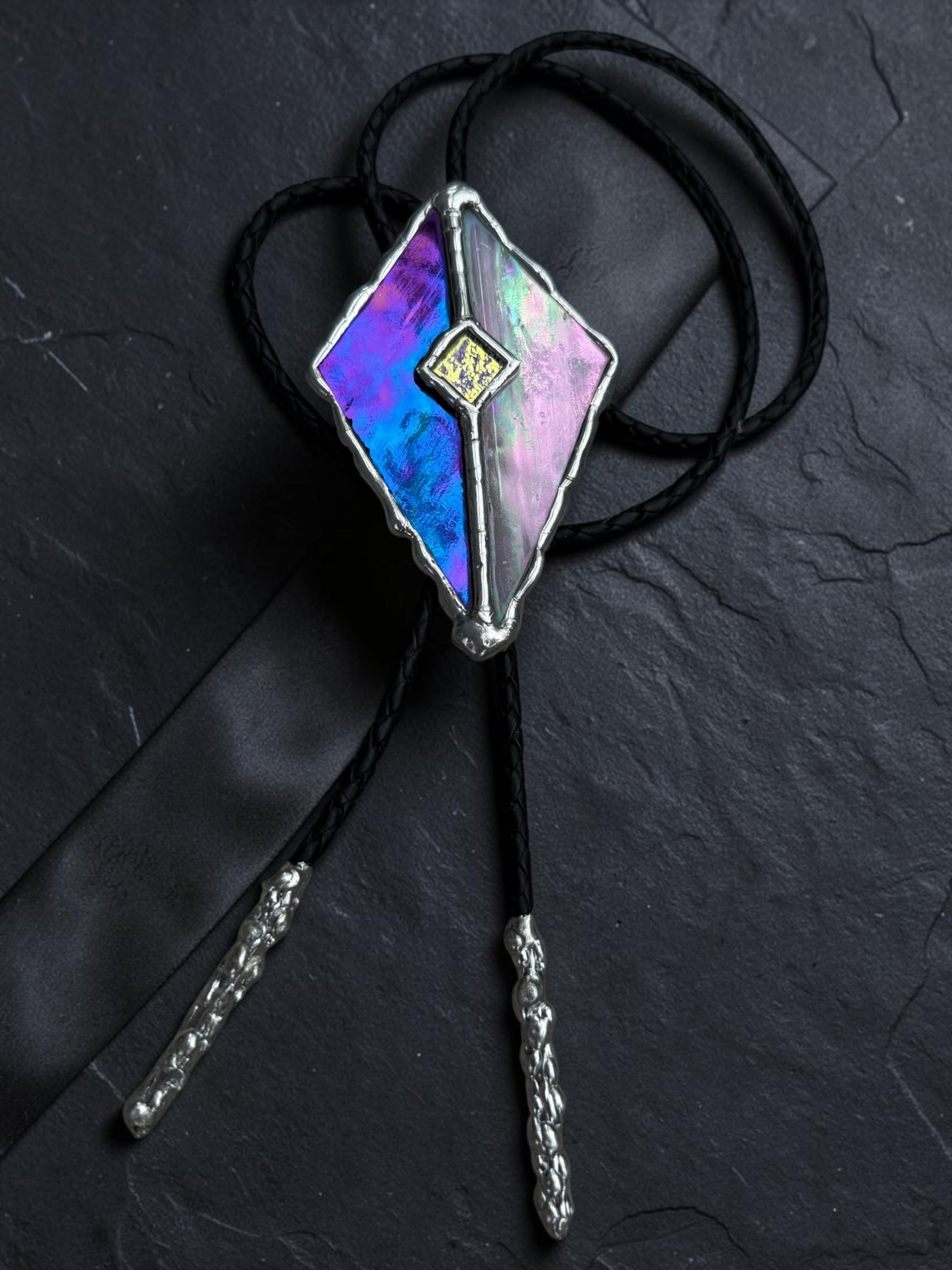 Whimsigoth Stained Glass Bolo Tie – Holographic Handmade Western Statement Necklace – Whimsical Jewelry for Celestial Festival Fashion