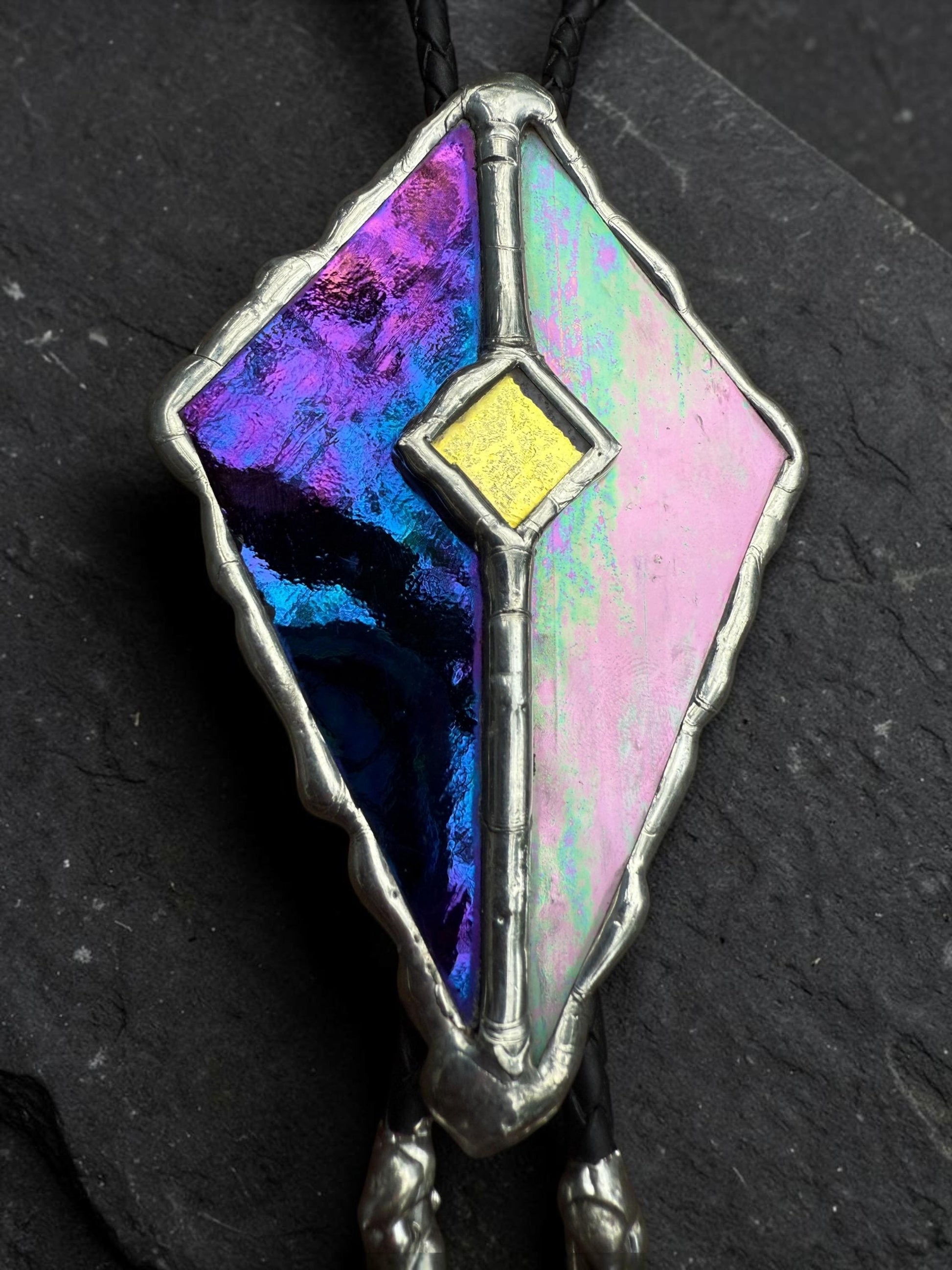 Whimsigoth Stained Glass Bolo Tie – Holographic Handmade Western Statement Necklace – Whimsical Jewelry for Celestial Festival Fashion
