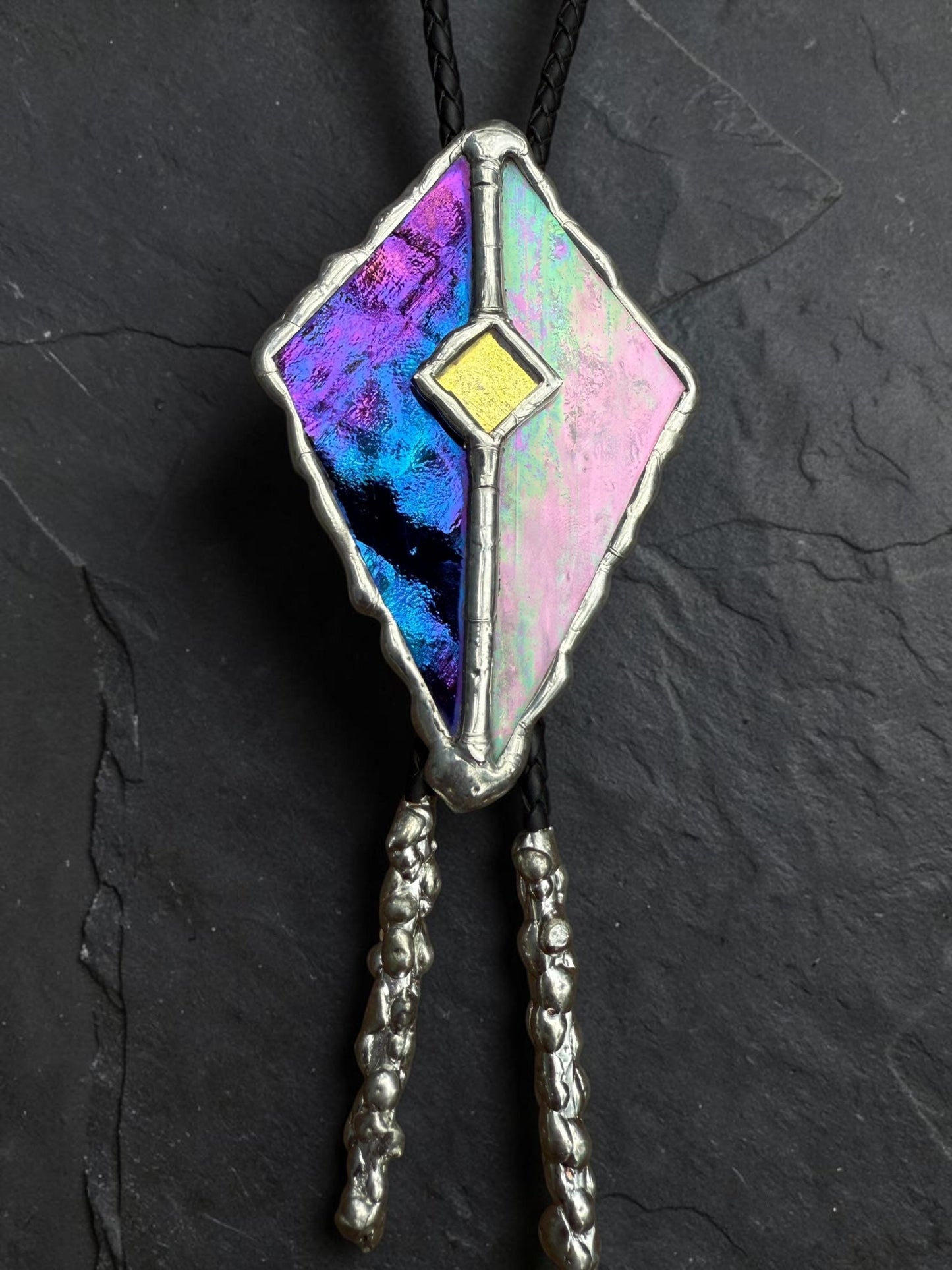 Whimsigoth Stained Glass Bolo Tie – Holographic Handmade Western Statement Necklace – Whimsical Jewelry for Celestial Festival Fashion