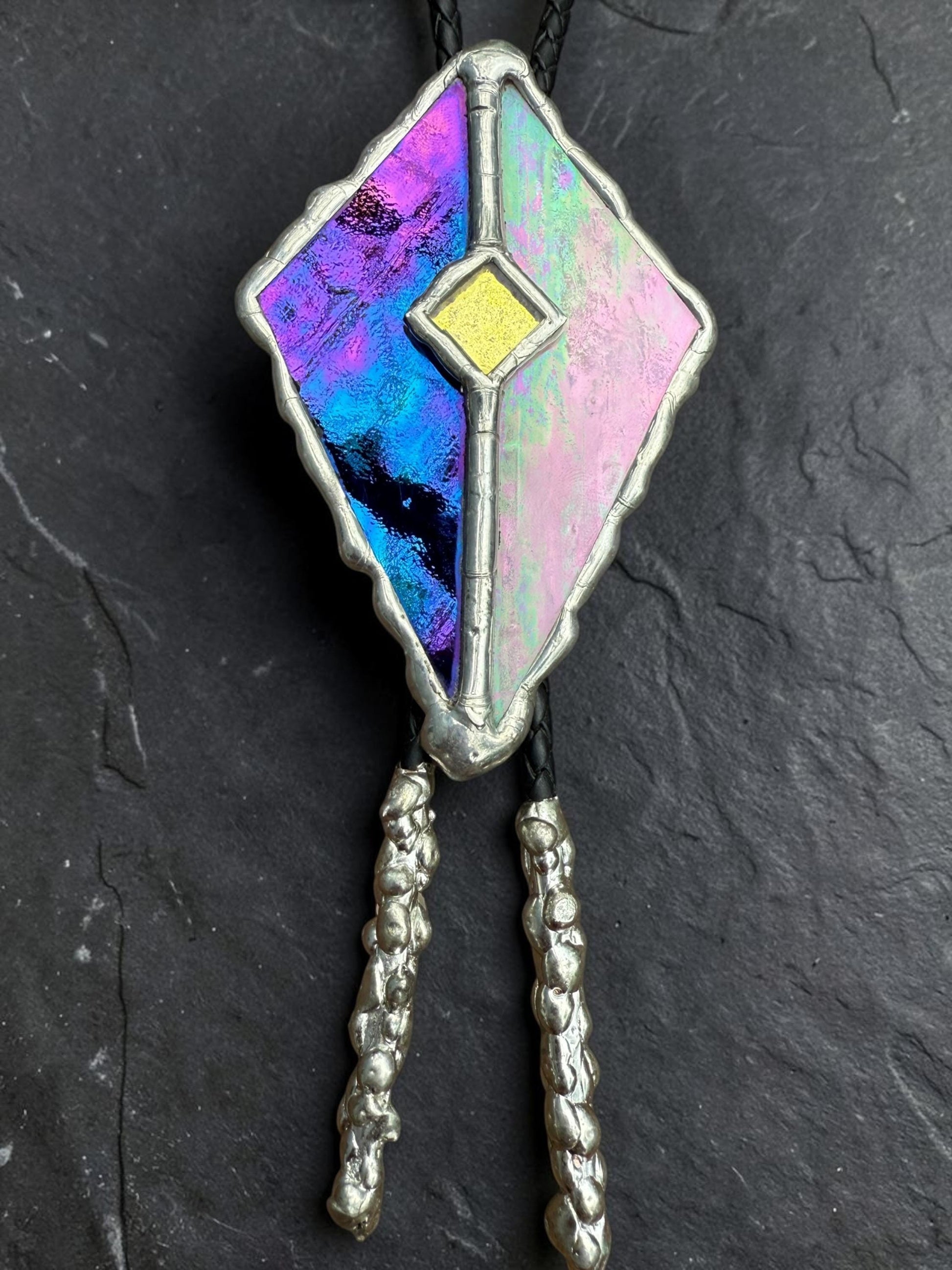 Whimsigoth Stained Glass Bolo Tie – Holographic Handmade Western Statement Necklace – Whimsical Jewelry for Celestial Festival Fashion