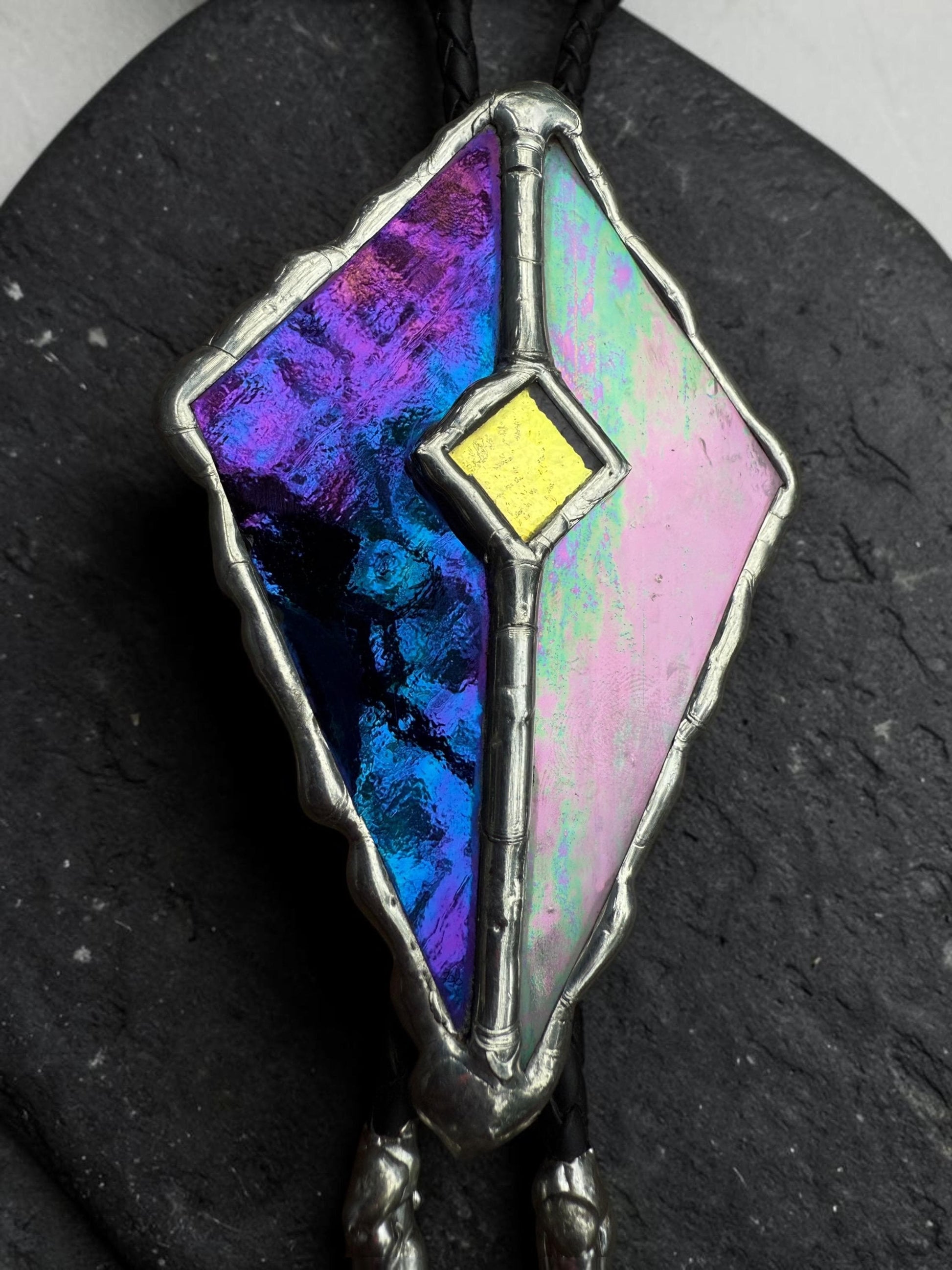 Whimsigoth Stained Glass Bolo Tie – Holographic Handmade Western Statement Necklace – Whimsical Jewelry for Celestial Festival Fashion