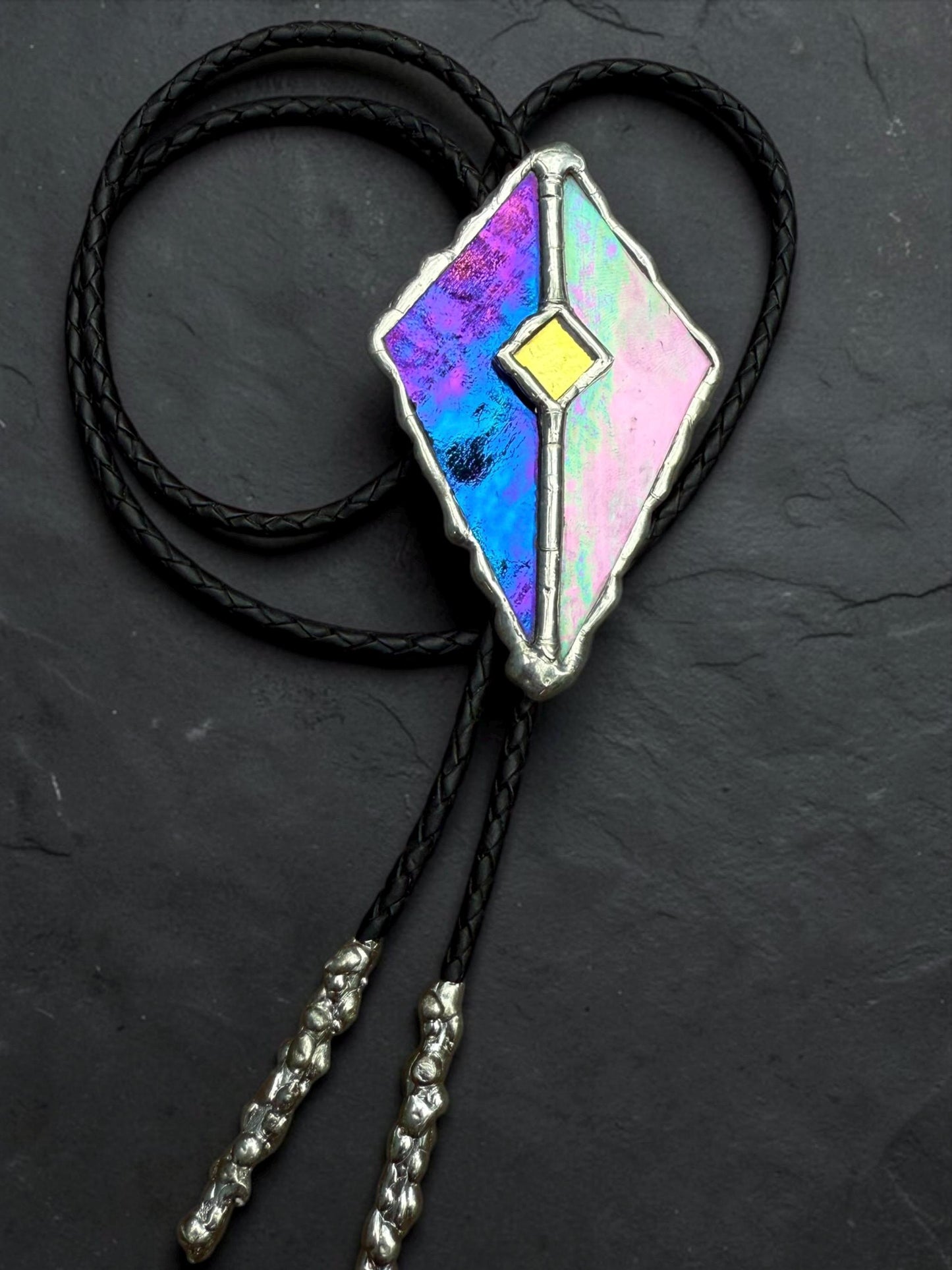 Whimsigoth Stained Glass Bolo Tie – Holographic Handmade Western Statement Necklace – Whimsical Jewelry for Celestial Festival Fashion