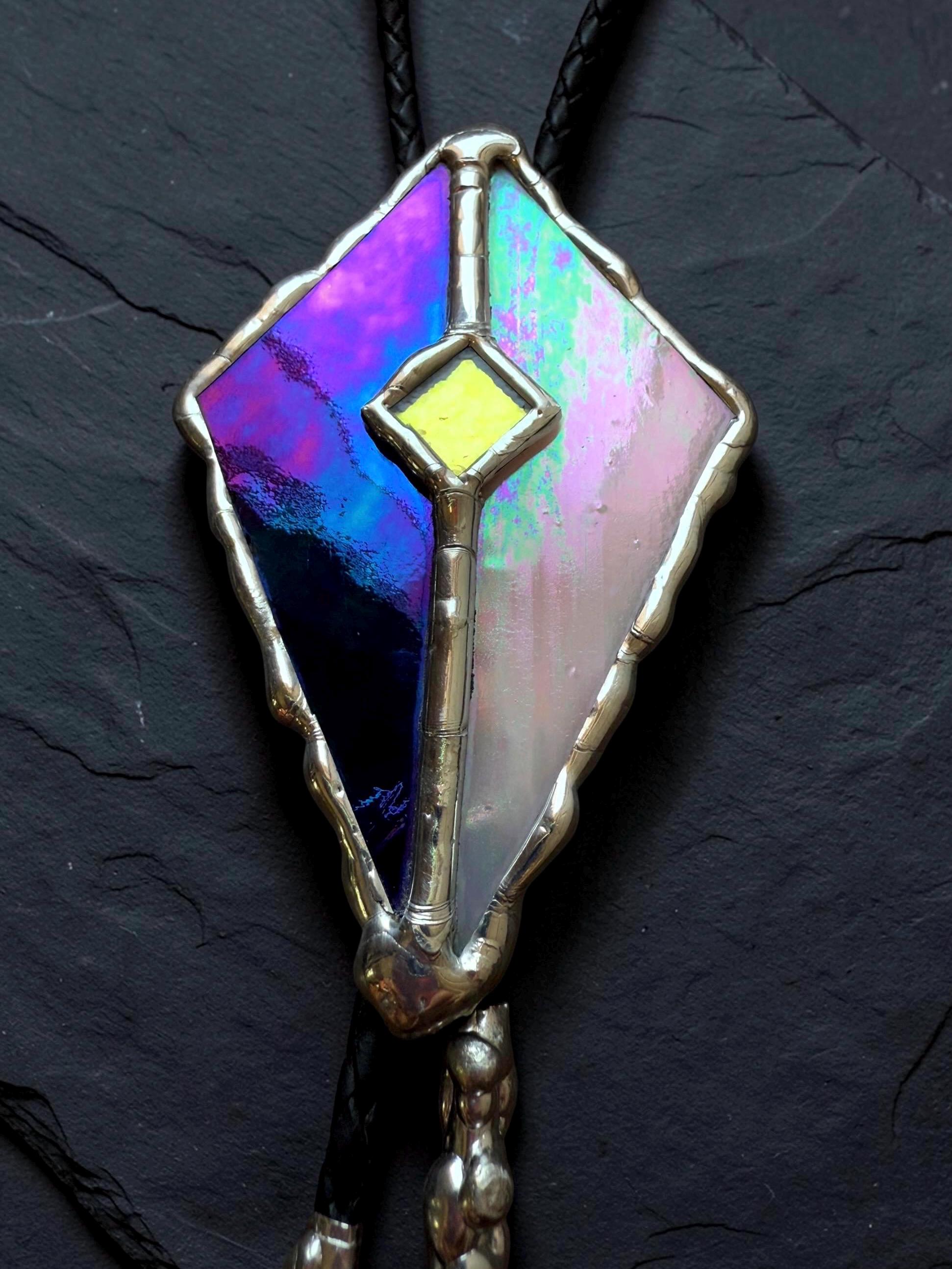 Whimsigoth Stained Glass Bolo Tie – Holographic Handmade Western Statement Necklace – Whimsical Jewelry for Celestial Festival Fashion