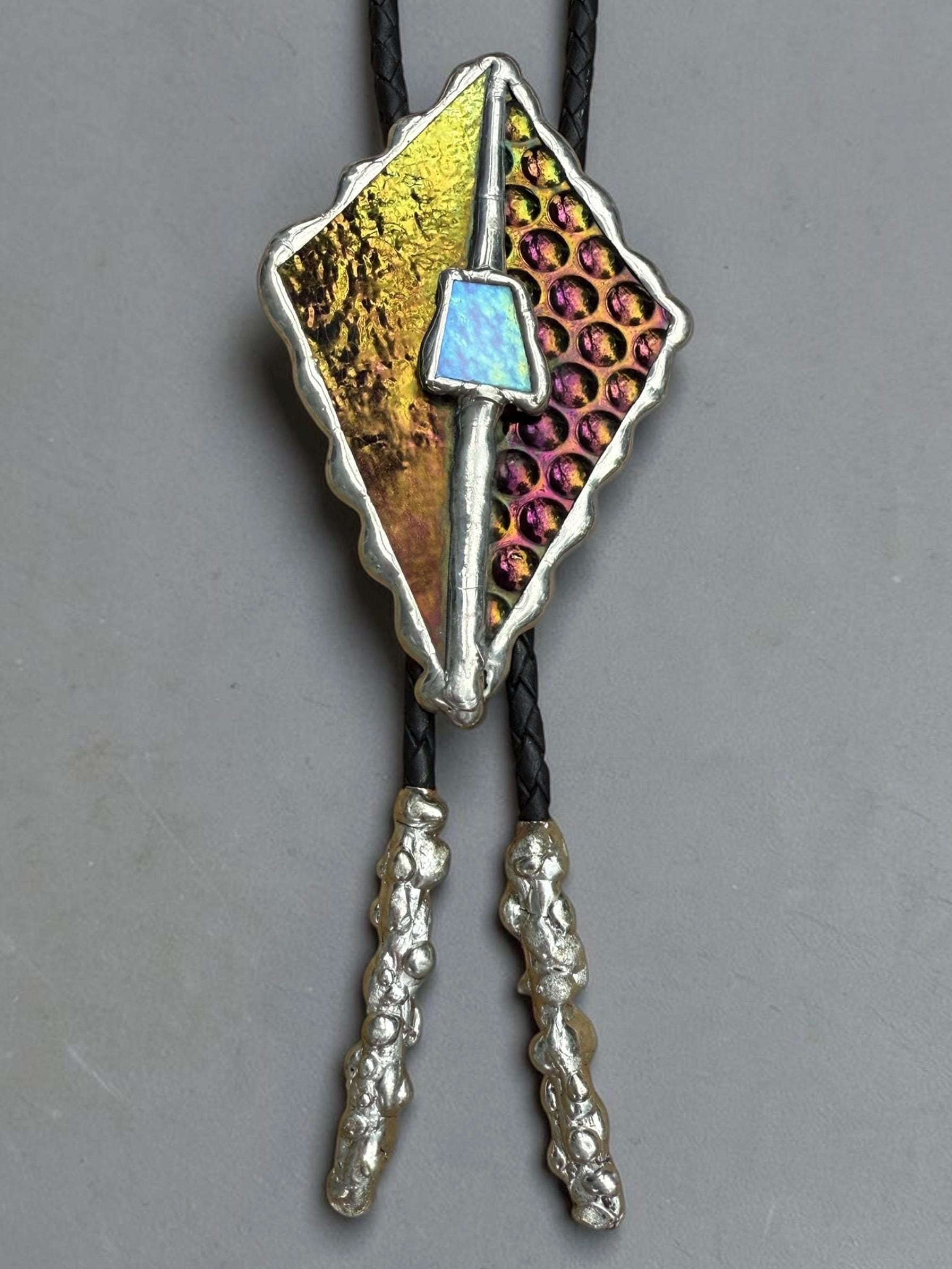 Whimsigoth Stained Glass Bolo Tie – Holographic Handmade Western Statement Necklace – Whimsical Jewelry for Celestial Festival Fashion