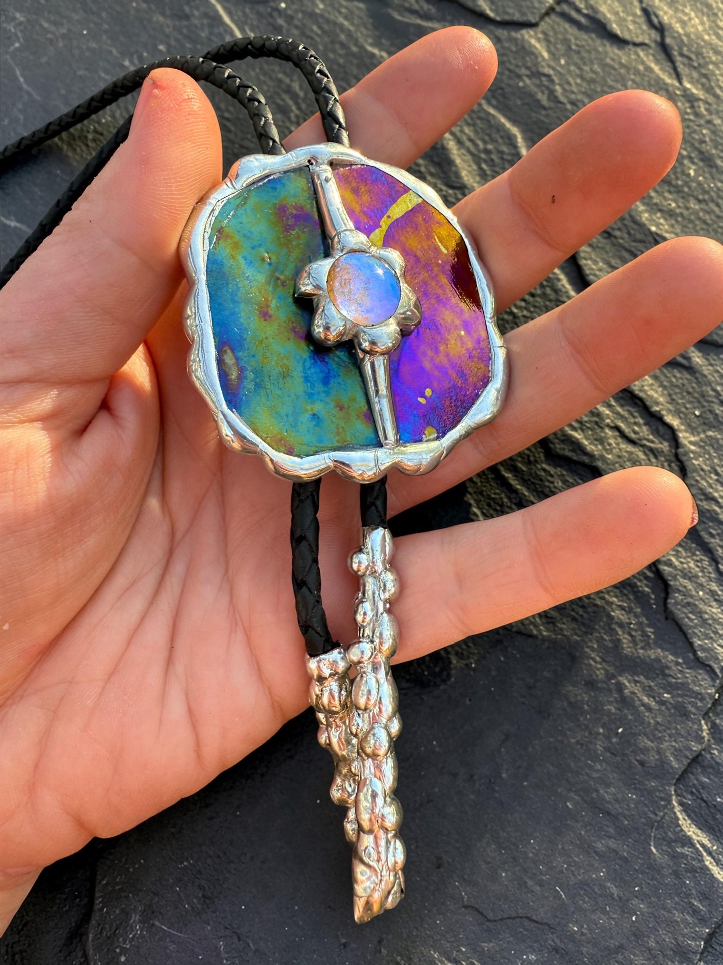 Celestial Stained Glass Bolo Tie – Holographic Handmade Western Statement Necklace – Fantasy Jewelry for Whimsigoth Festival Fashion