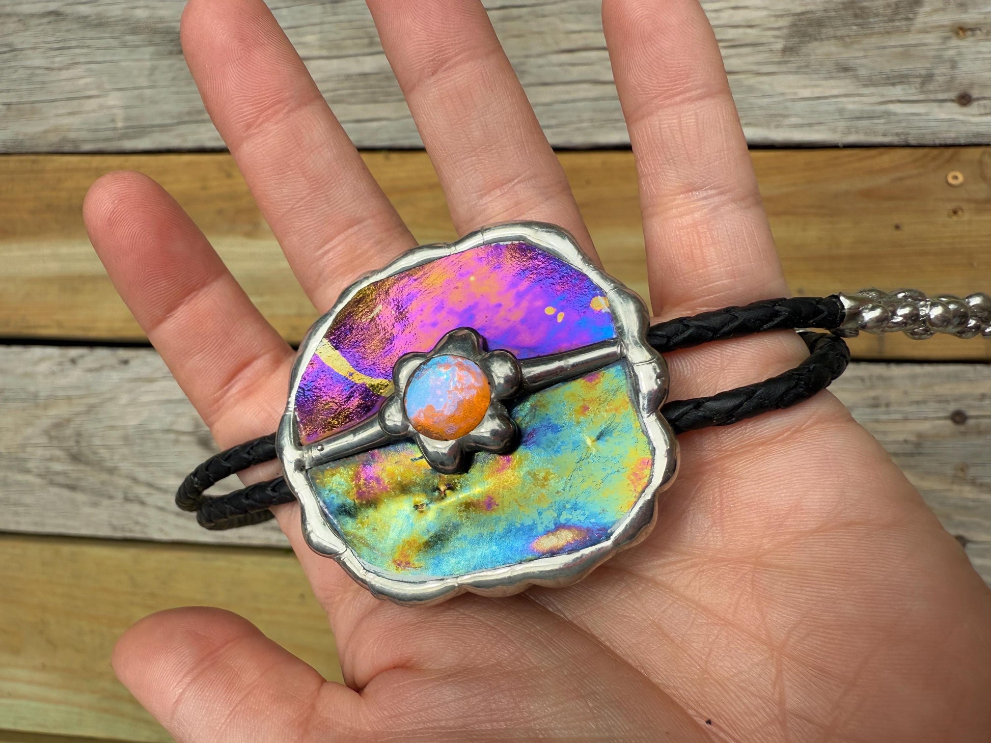 Celestial Stained Glass Bolo Tie – Holographic Handmade Western Statement Necklace – Fantasy Jewelry for Whimsigoth Festival Fashion