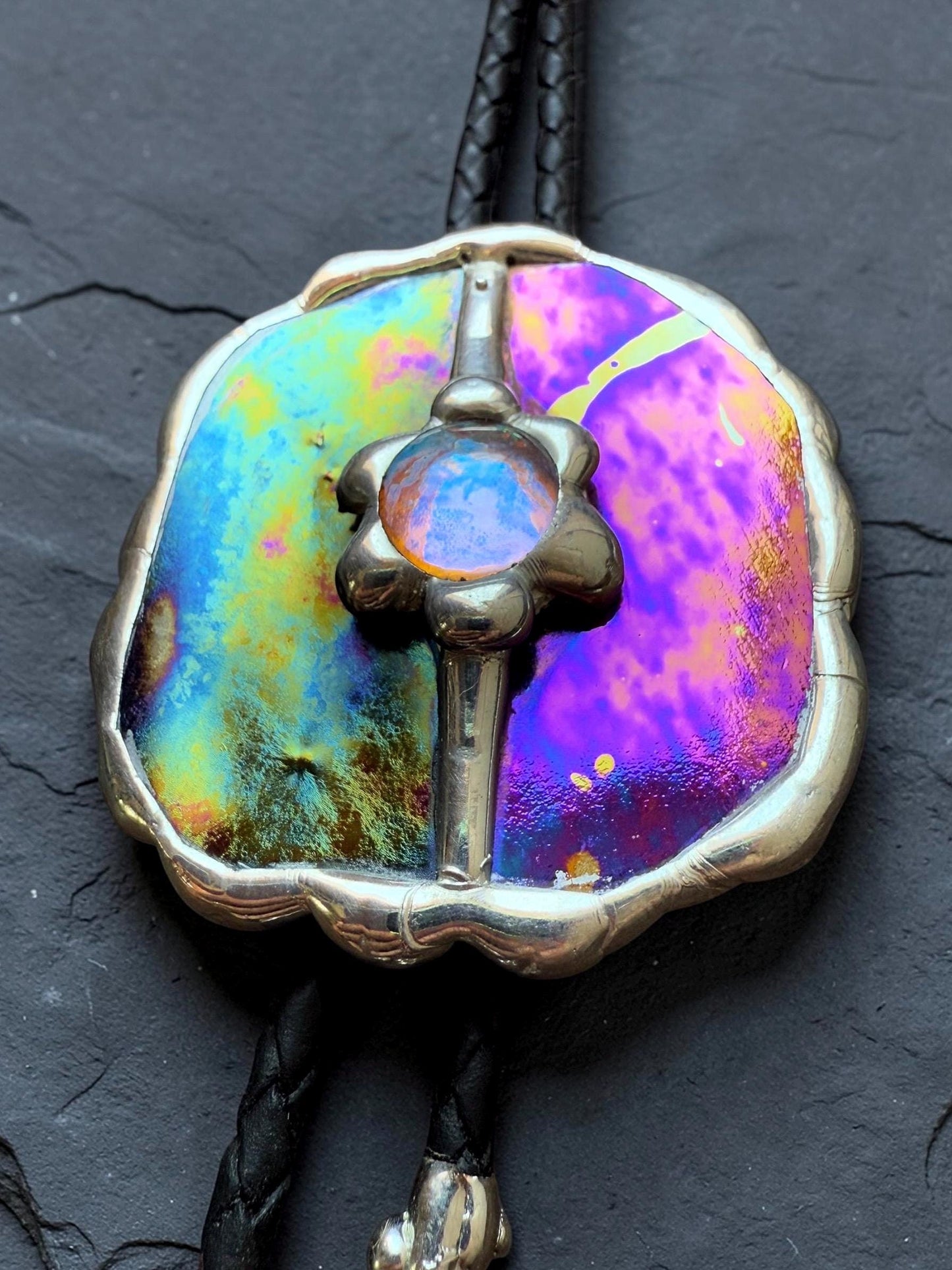 Celestial Stained Glass Bolo Tie – Holographic Handmade Western Statement Necklace – Fantasy Jewelry for Whimsigoth Festival Fashion