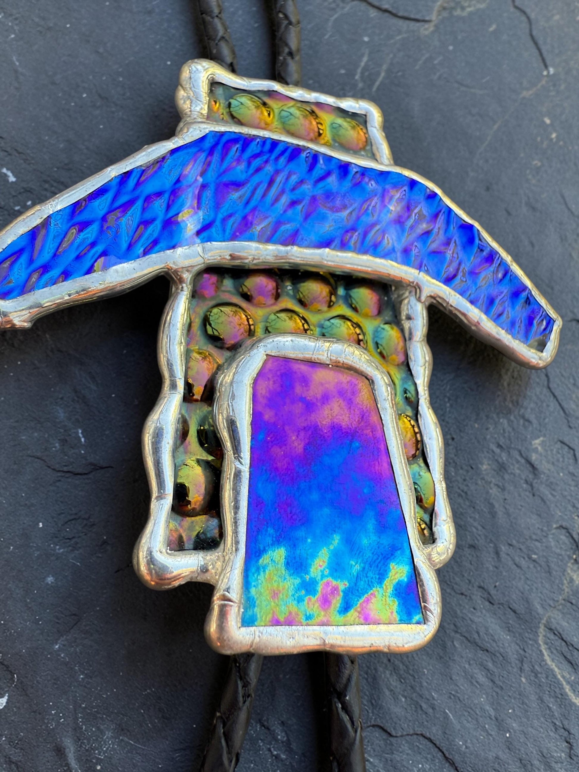 Brutalist Stained Glass Bolo Tie – Handmade Western Necklace | Whimsical Jewelry for Festival Fashion and Celestial Cowboy Vibes
