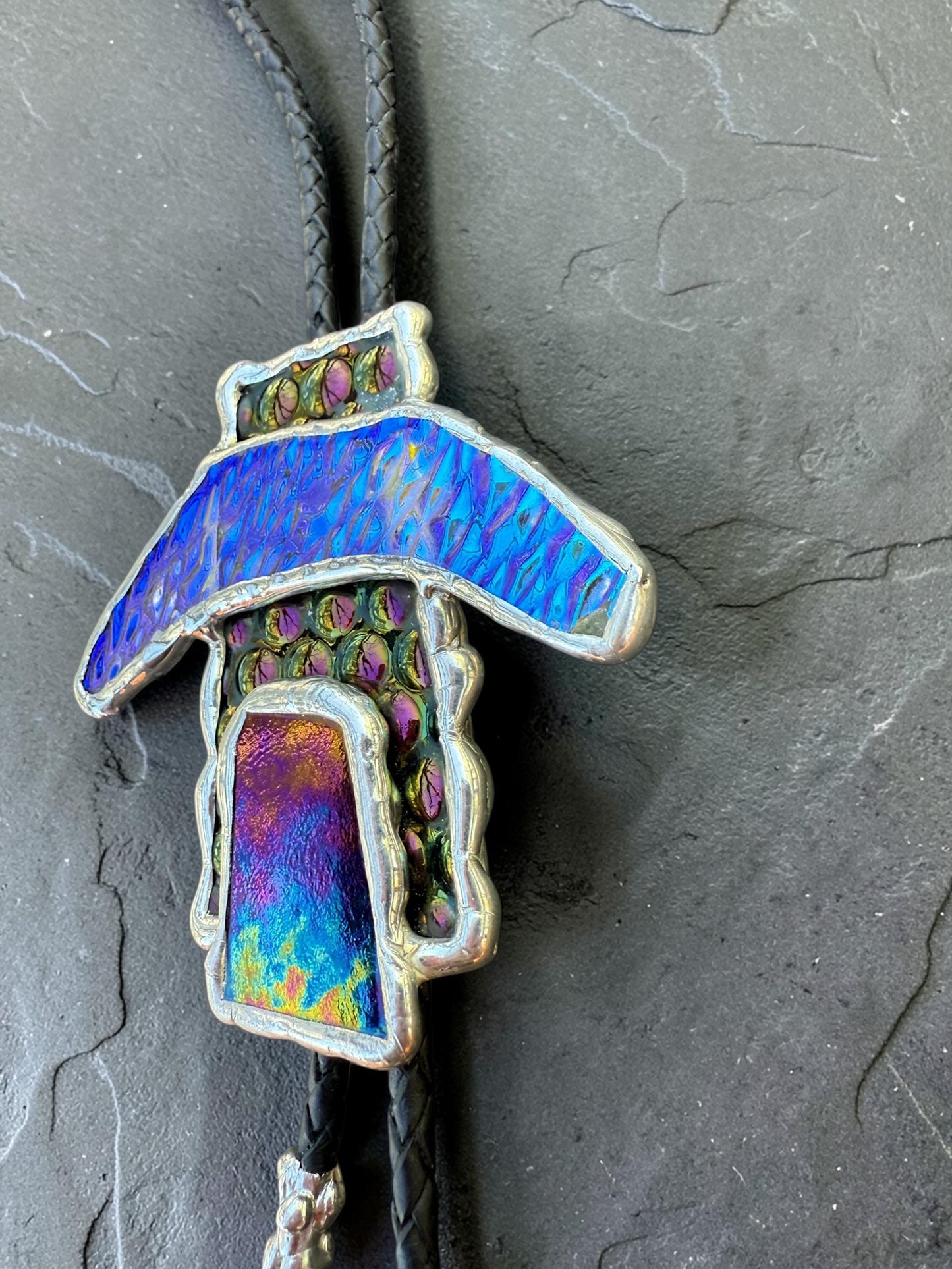 Brutalist Stained Glass Bolo Tie – Handmade Western Necklace | Whimsical Jewelry for Festival Fashion and Celestial Cowboy Vibes
