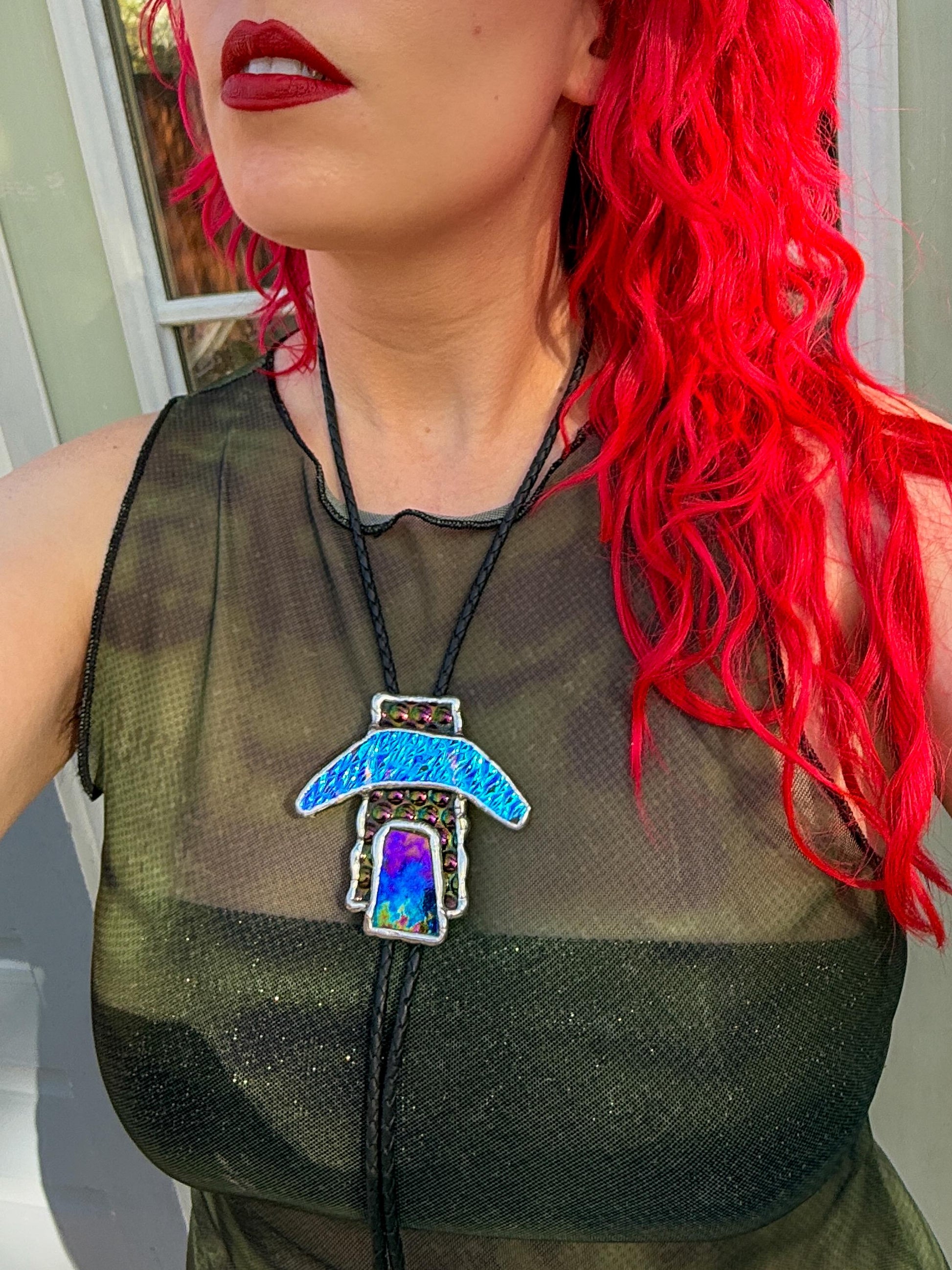 Brutalist Stained Glass Bolo Tie – Handmade Western Necklace | Whimsical Jewelry for Festival Fashion and Celestial Cowboy Vibes