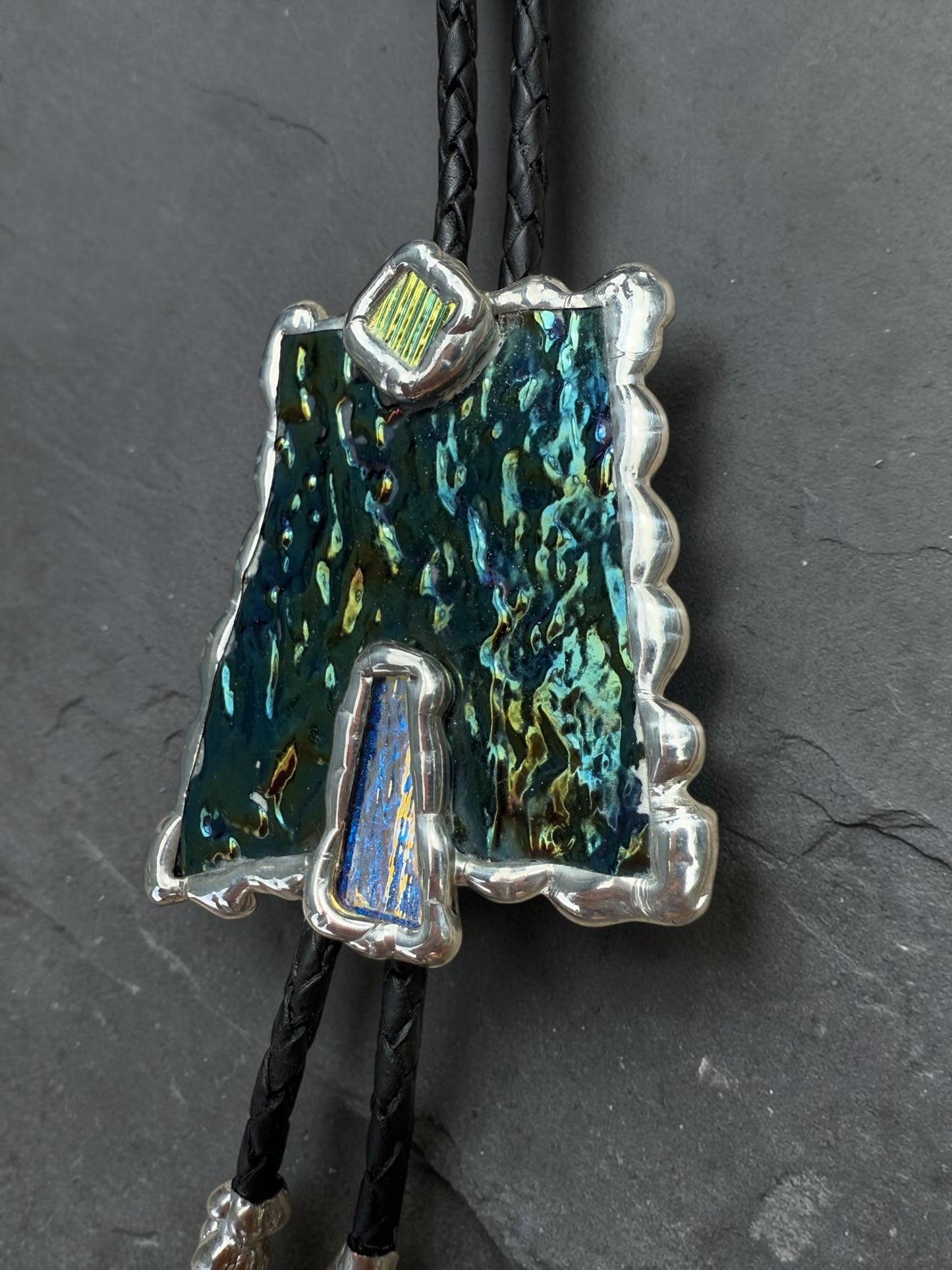 Brutalist Stained Glass Bolo Tie – Handmade Western Necklace | Whimsical Jewelry for Festival Fashion and Celestial Cowboy Vibes