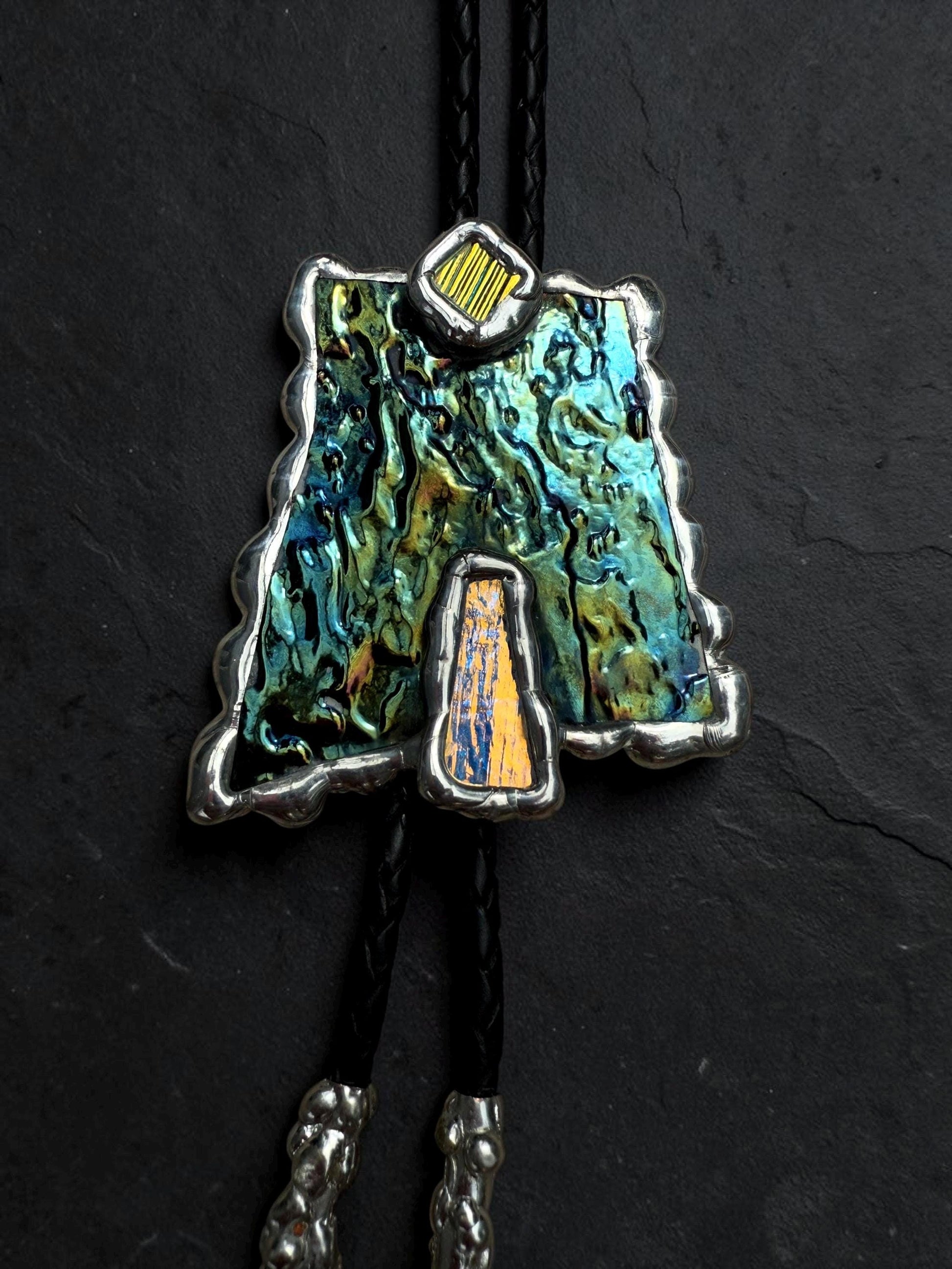 Brutalist Stained Glass Bolo Tie – Handmade Western Necklace | Whimsical Jewelry for Festival Fashion and Celestial Cowboy Vibes
