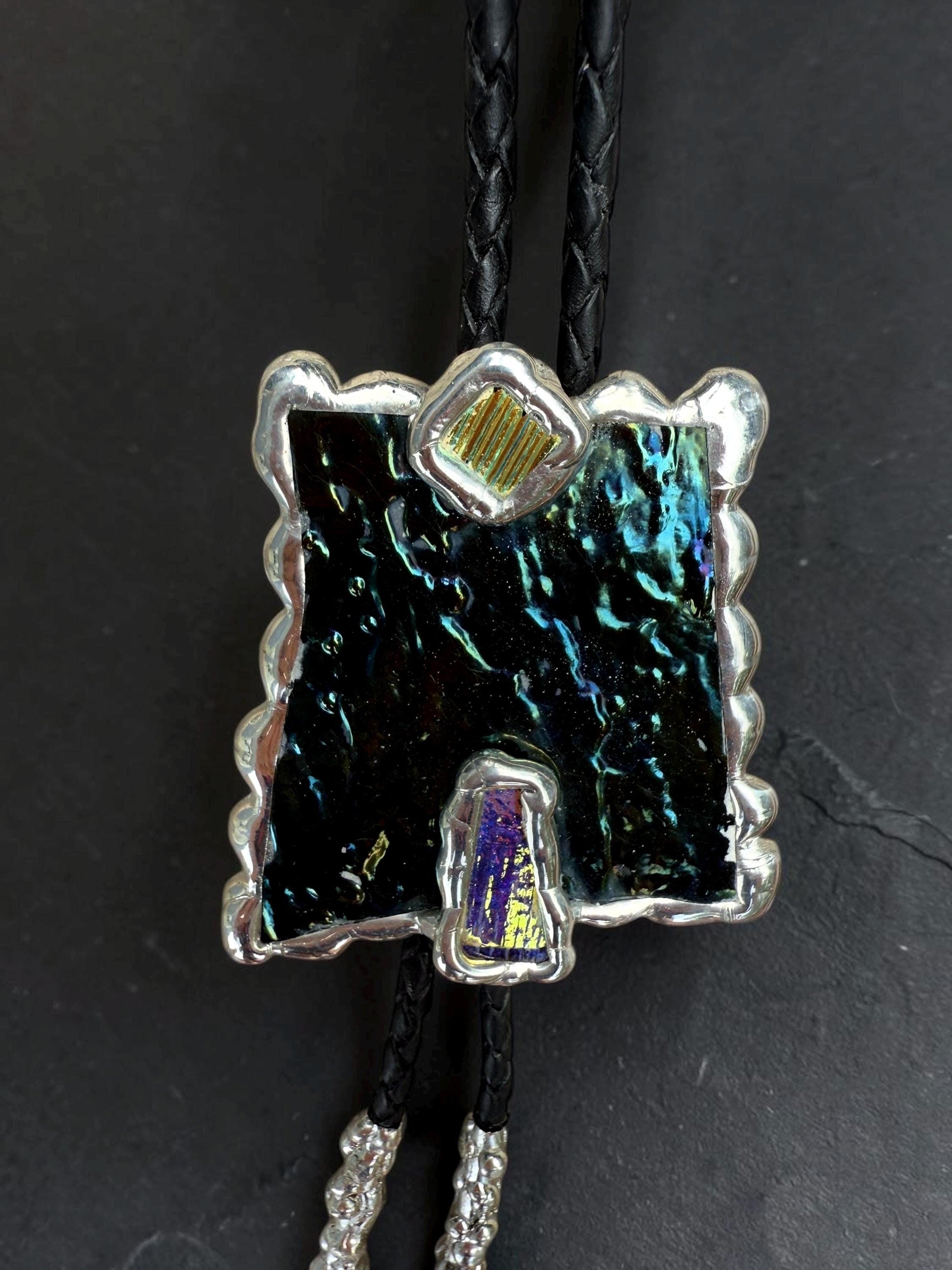 Brutalist Stained Glass Bolo Tie – Handmade Western Necklace | Whimsical Jewelry for Festival Fashion and Celestial Cowboy Vibes
