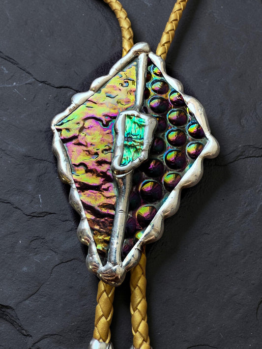 Whimsigoth Stained Glass Bolo Tie – Holographic Handmade Western Statement Necklace – Whimsical Jewelry for Celestial Festival Fashion