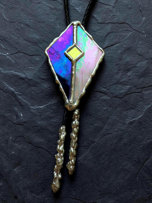 Whimsigoth Stained Glass Bolo Tie – Holographic Handmade Western Statement Necklace – Whimsical Jewelry for Celestial Festival Fashion