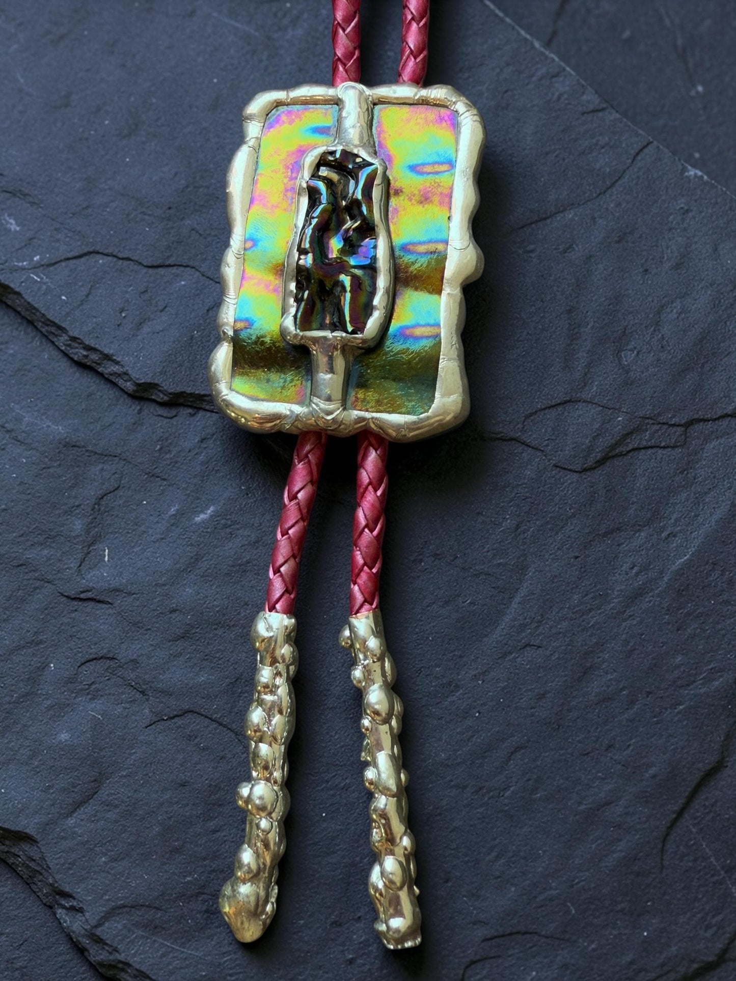Brutalist Holographic Stained Glass Bolo Tie – Handmade Western Necklace | Whimsical Jewelry for Festival Fashion and Celestial Cowboy Vibes