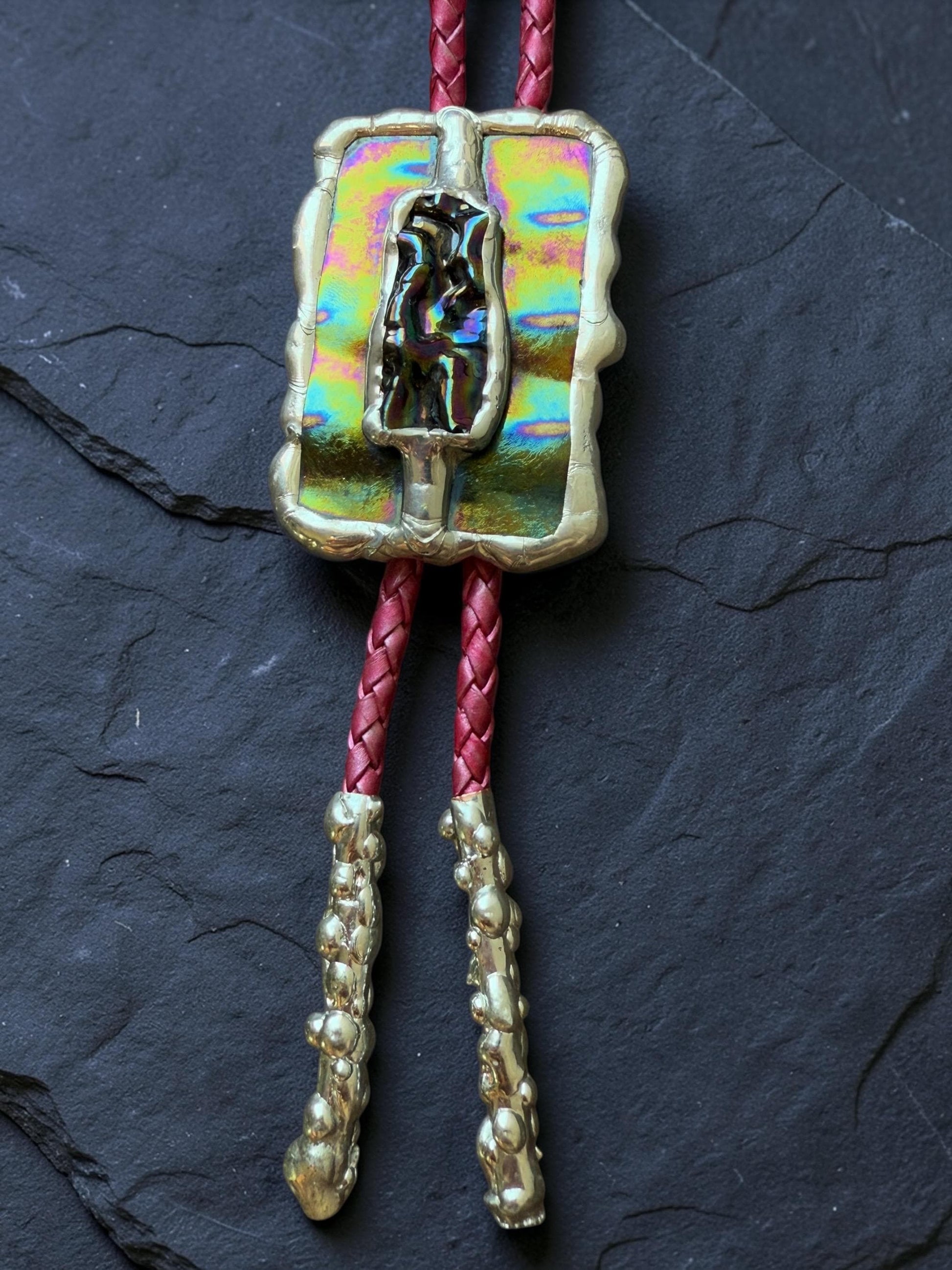Brutalist Holographic Stained Glass Bolo Tie – Handmade Western Necklace | Whimsical Jewelry for Festival Fashion and Celestial Cowboy Vibes