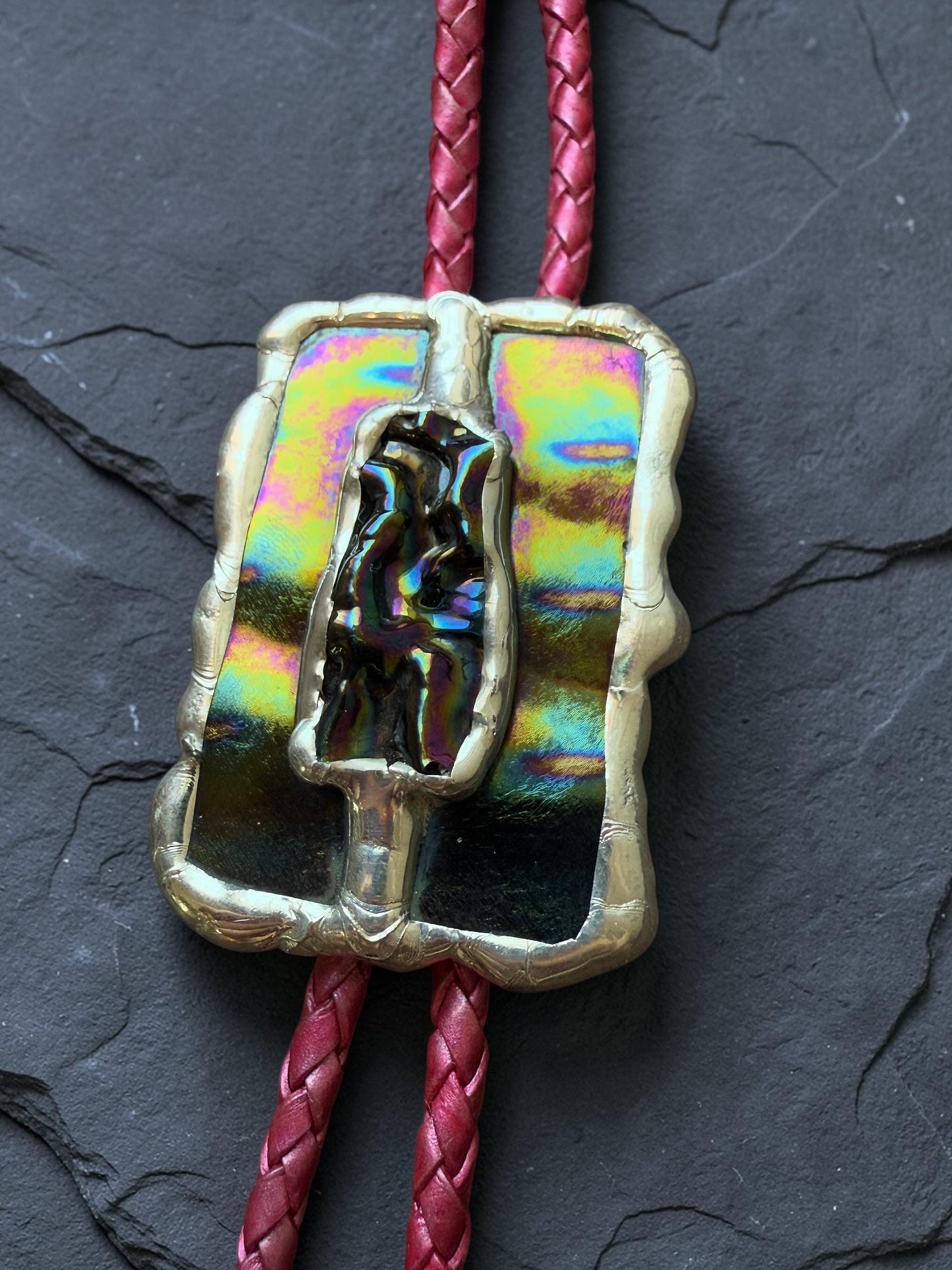 Brutalist Holographic Stained Glass Bolo Tie – Handmade Western Necklace | Whimsical Jewelry for Festival Fashion and Celestial Cowboy Vibes
