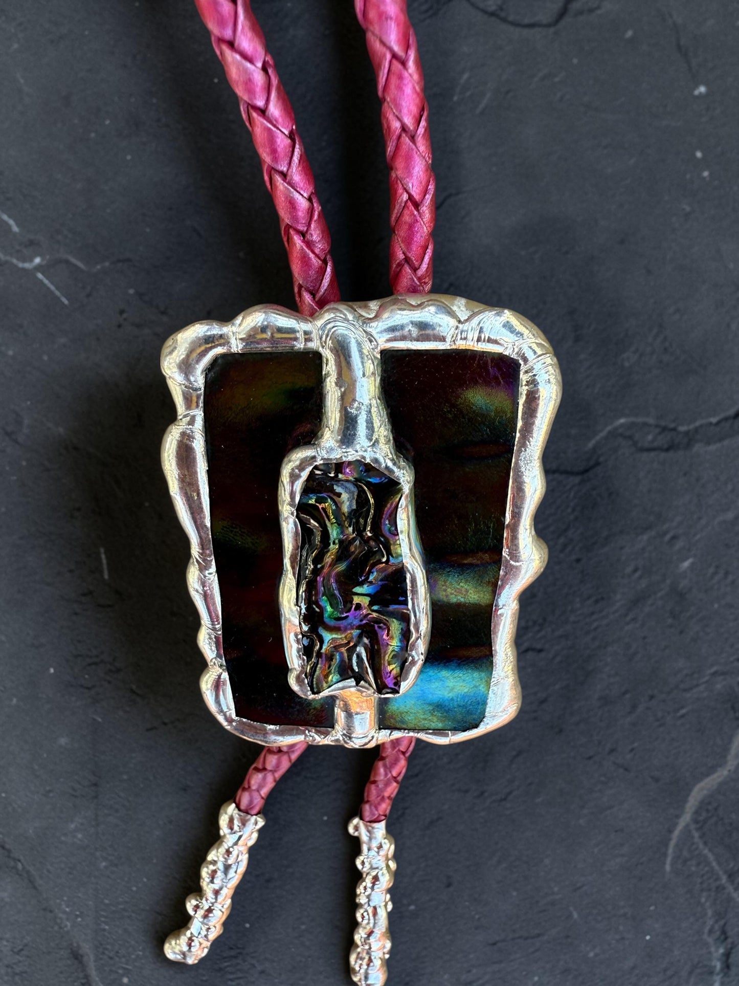 Brutalist Holographic Stained Glass Bolo Tie – Handmade Western Necklace | Whimsical Jewelry for Festival Fashion and Celestial Cowboy Vibes