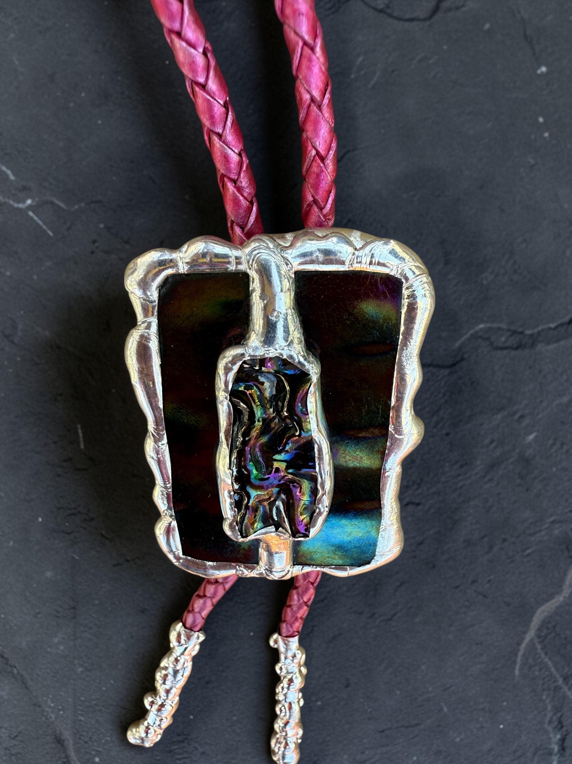 Brutalist Holographic Stained Glass Bolo Tie – Handmade Western Necklace | Whimsical Jewelry for Festival Fashion and Celestial Cowboy Vibes