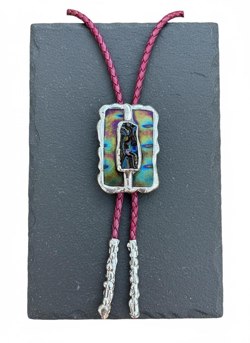Brutalist Holographic Stained Glass Bolo Tie – Handmade Western Necklace | Whimsical Jewelry for Festival Fashion and Celestial Cowboy Vibes